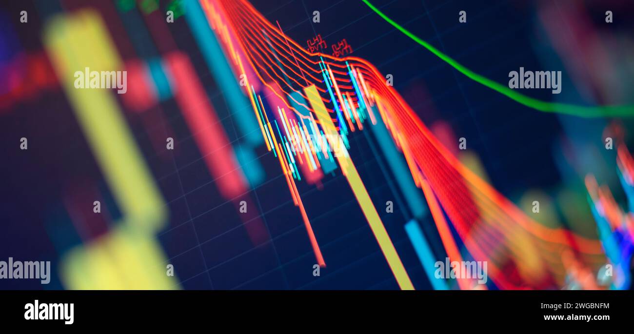 Börsenhandel, Hintergrund der Krypto-Währung. Marktanalyse. Balkendiagramme, Diagramme Finanzdaten Stockfoto