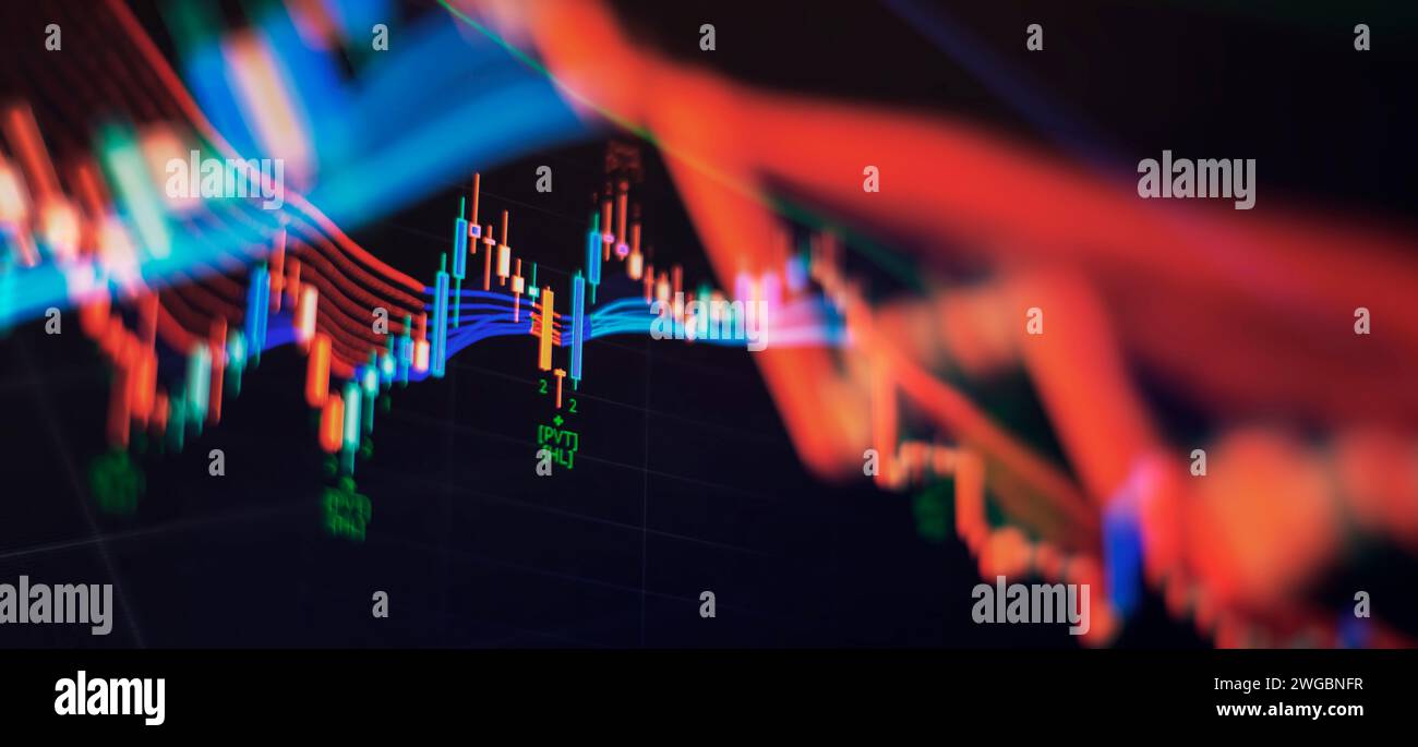 Börsenhandel, Hintergrund der Krypto-Währung. Marktanalyse. Balkendiagramme, Diagramme Finanzdaten Stockfoto