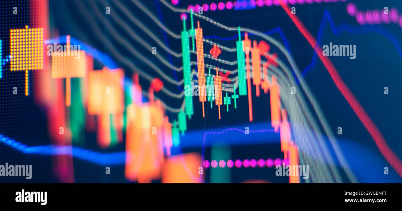 Fallende Aktienmärkte, Aktien für Coronavirus, Analyse für professionelle technische Analysen auf dem Monitor eines Computers. Stockfoto