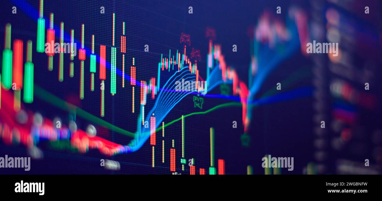Börsenhandel, Hintergrund der Krypto-Währung. Marktanalyse. Balkendiagramme, Diagramme Finanzdaten Stockfoto