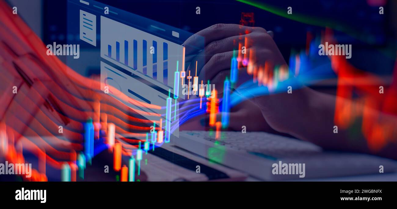 Börsenhandel, Hintergrund der Krypto-Währung. Marktanalyse. Balkendiagramme, Diagramme Finanzdaten Stockfoto