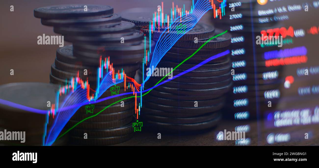 Börsenhandel, Hintergrund der Krypto-Währung. Marktanalyse. Balkendiagramme, Diagramme Finanzdaten Stockfoto