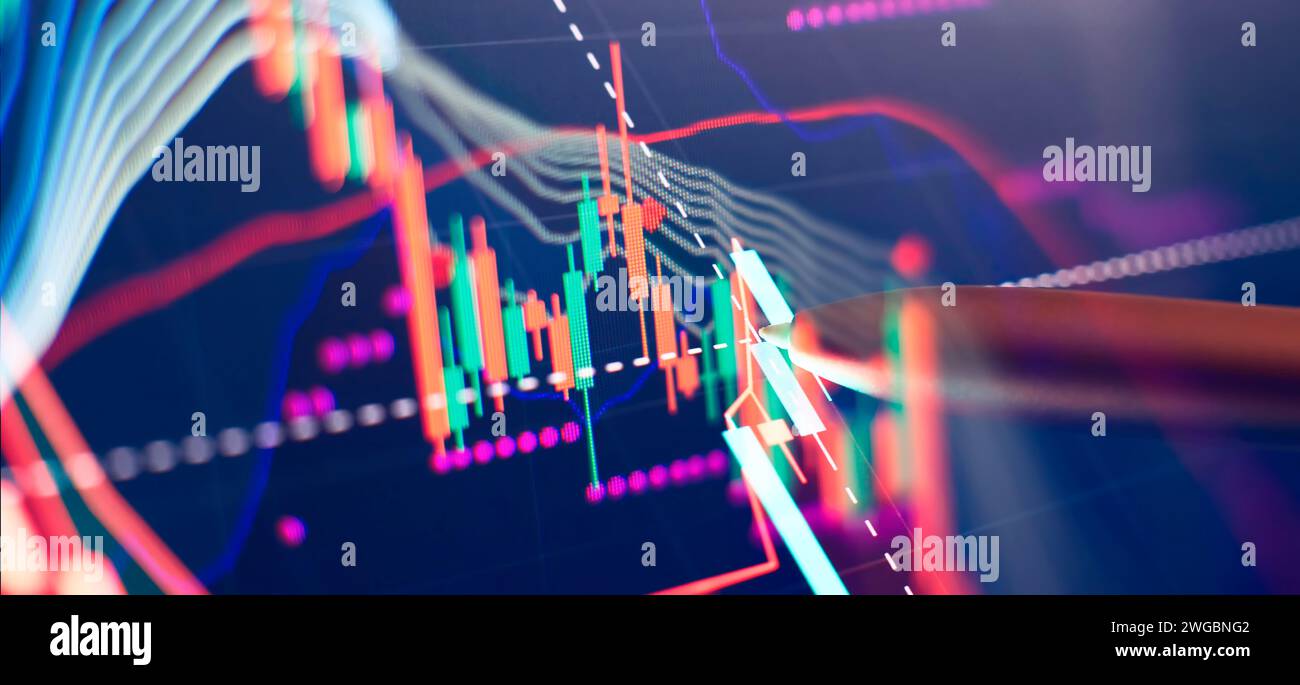 Fallende Aktienmärkte, Aktien für Coronavirus, Analyse für professionelle technische Analysen auf dem Monitor eines Computers. Stockfoto