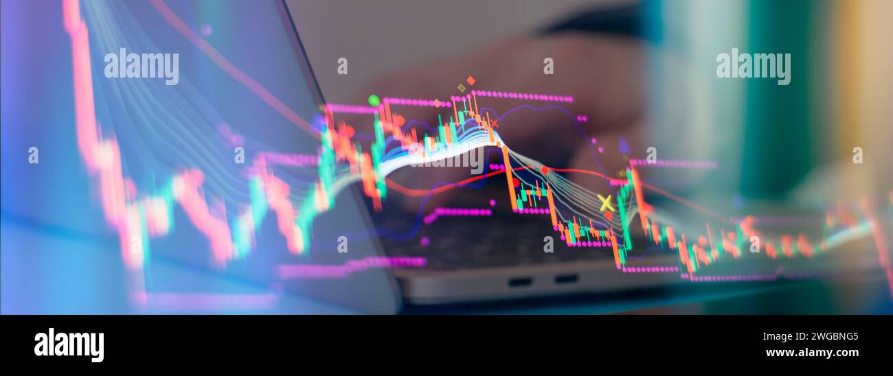 Fallende Aktienmärkte, Aktien für Coronavirus, Analyse für professionelle technische Analysen auf dem Monitor eines Computers. Stockfoto