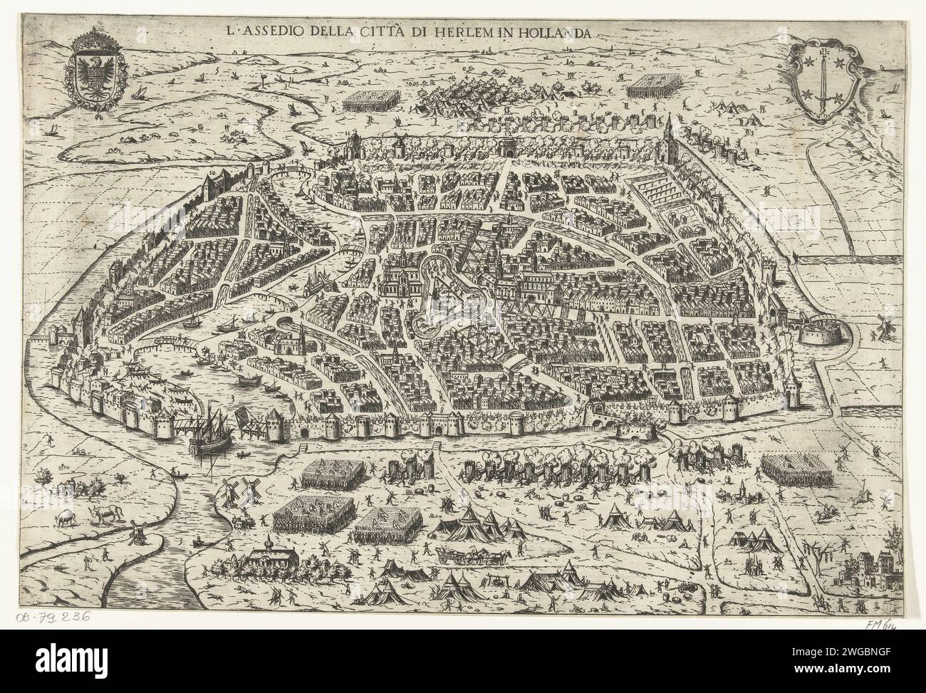 The Belagerung of Haarlem, 1572-1573, 1573 Print Überblick über die Belagerung der Stadt Haarlem in einer knappen Perspektive. Im Vordergrund und an der Spitze der Armee Plätze der spanischen Truppen. An der Spitze der Waffen des Deutschen Reiches und Haarlems. Rom, Papier ätzt Victory, Position war Haarlem Stockfoto