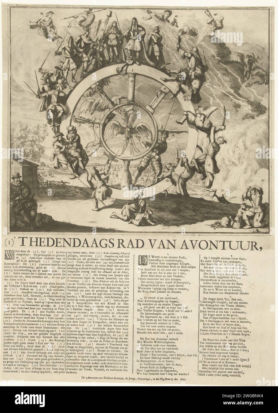 Das Rad von Fortuin, CA. 1689, 1689 - 1690 drucken das Rad von Fortuin, ca. 1689. Karikatur über den Fall der katholischen Fürsten Jacobus II. Und Ludwig XIV An der Spitze des Rades die Fürsten Kaiser Leopold I. und König Karl II. Von Spanien. Auf dem Vormarsch, unter anderem die niederländische Jungfrau. Ludwig XIV., der Dauphin und die Türken fallen vom Rad. Am Boden sitzt König Jakobus II. Mit dem armen Kind. Das Rad wird von Mars und Chronos gespielt. Unter der Ausstellung eine Erklärung der Zahlen 1-47 und ein Gedicht in 6 Versen auf Niederländisch. Druckerei: Nördliche Niederlande spublischer: Antwerpener Papieretchi Stockfoto