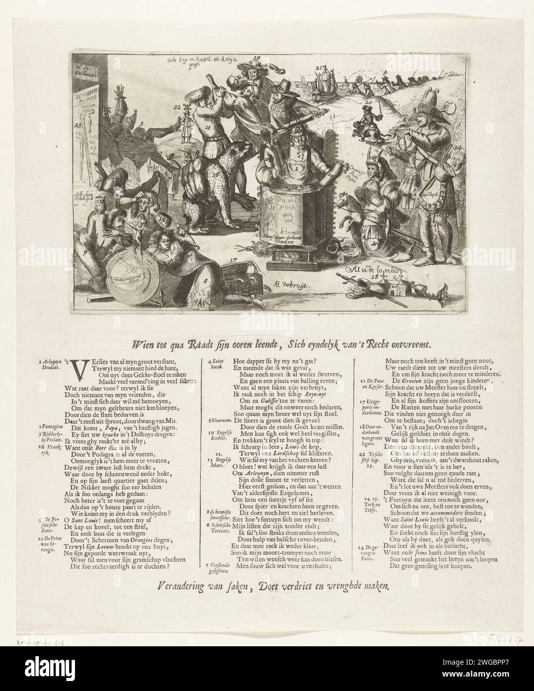 Cartoon über Lodewijk XIV. In einem Hochstuhl, 1689, 1689 Print Cartoon über den französischen König Ludwig XIV., 1689. Der König in einem Kinderstuhl mit Puppen des Papstes und des Kaisers und umgeben von allerlei Verrückten und Narren. Links von ihm ein Bär mit einem Anzug auf dem Rücken. Prinzen der linken Front, die um einen Globus trauern, werden von einem Türken entdeckt. Rechts der Dauphin auf einem Hobbypferd. Im Hintergrund flüchtet König Jakobus II. Nach Wilhelm III. Auf dem Hollandse Leeuw, links der Molenaarskind. Mit einem Spover in 3 Spalten, in denen die Leistung erläutert wird. Nordniederländische Papieretchi Stockfoto