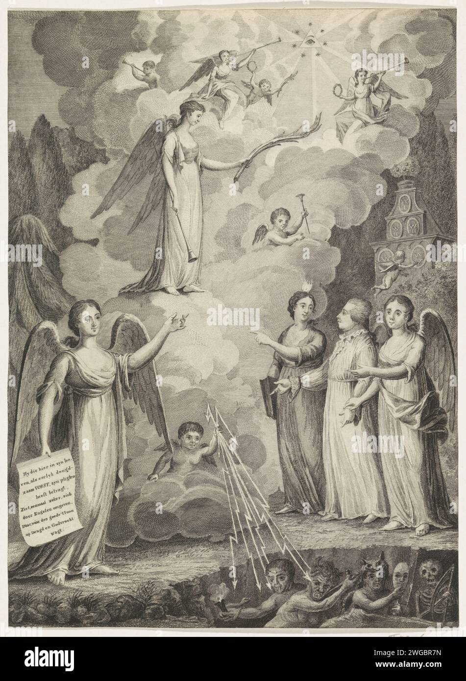 Willem V. abgeholt von Engelen, 1806, Anonym, 1806 Abdruck Allegorie über den Tod von Prinz Willem V. am 9. April 1806. Der Prinz wird von Engeln aufgefangen, vom Himmel fällt ein Engel mit Bazuin und Palmenzweig herunter. Im Himmel das allsehende Auge. Gegenüber dem Prinzen ein Engel mit einer Zeitschrift mit einer Inschrift über die Tugend des Prinzen. Im Vordergrund werden bösartige Sprecher, Neid, Fälschung und Tod mit Blitzschlägen in die Hölle getrieben. Niederlande Papierätzung / Gravur Apotheose eines Lineals. Engel. Das alles sehende Auge, Dreieck mit Auge  Symbol Gottes des Vaters Stockfoto