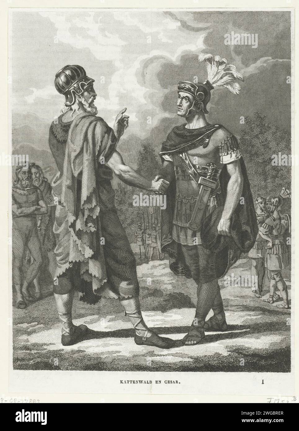 Kattenwald EN Cesar, 1826 - 1886 Druck Kattenwald, der Anführer des germanischen Stammes der Chats, schüttelt die Hände von Julius Ceasar Niederlande Papierstahlstich ausgestorbene, 'historische' Völker (mit NAMEN). Ausgestorbene, „historische“ Völker (CHATTI) Stockfoto