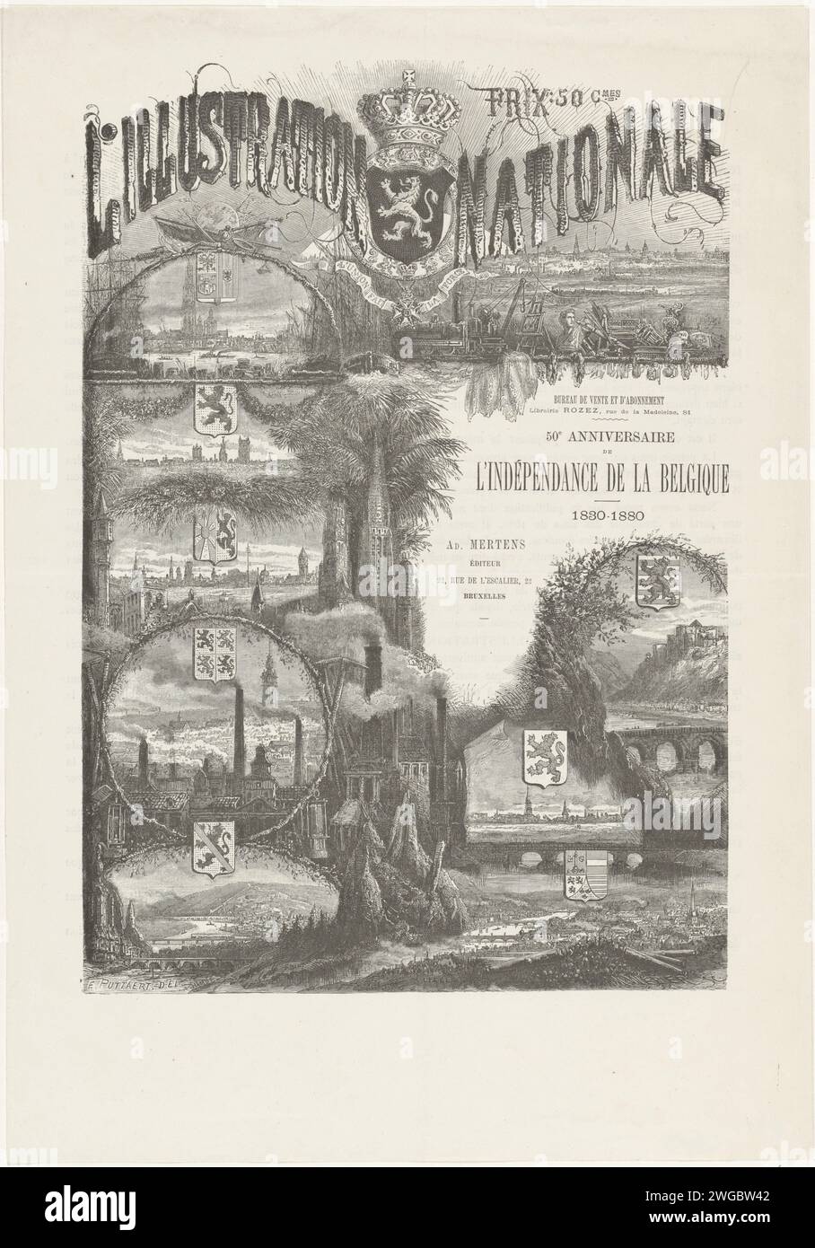 Zeitschrift L'Illustration nationale, anlässlich des fünfzigjährigen Jubiläums der Unabhängigkeit Belgiens, 1880, M. Weber, nach Emile Puttaert, 1880 drucken Titelmagazin der Zeitschrift L'Illustration nationale, Ausgabe August 1880 anlässlich des fünfzigjährigen Jubiläums der Unabhängigkeit Belgiens, 1830-1880. Neun Gesichter der wichtigsten belgischen Städte, dargestellt zwischen Bäumen und Türmen. An der Spitze der belgischen Waffe. Mit Text auf Verso. Druckerei: Netherlandsnach Zeichnung von: BelgiumVerlag: Brüssel Papier Stockfoto