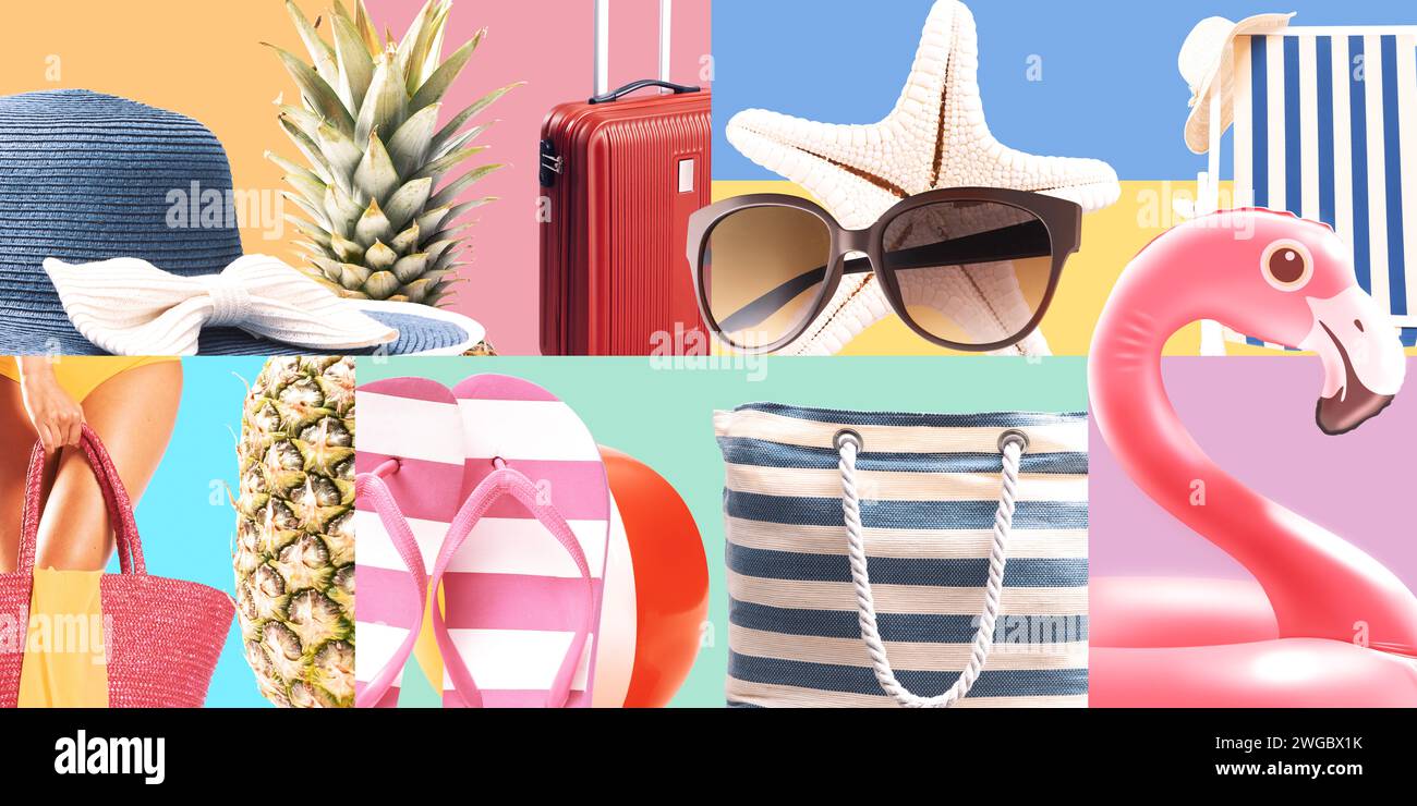 Collage aus farbenfrohen pastellfarbenen Strandaccessoires und Sommerurlaubsartikeln Stockfoto