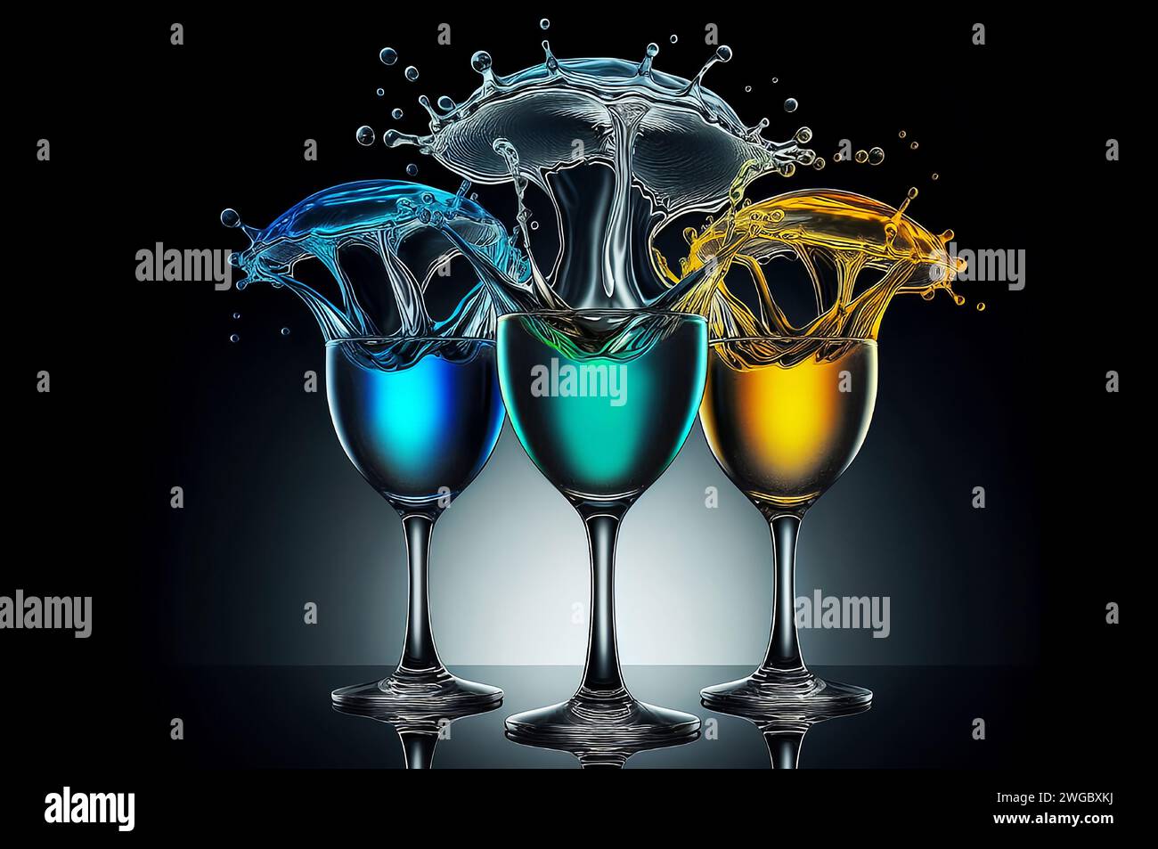 Drei Weingläser mit mehrfarbigen Getränken und spritzigen Kronen Stockfoto