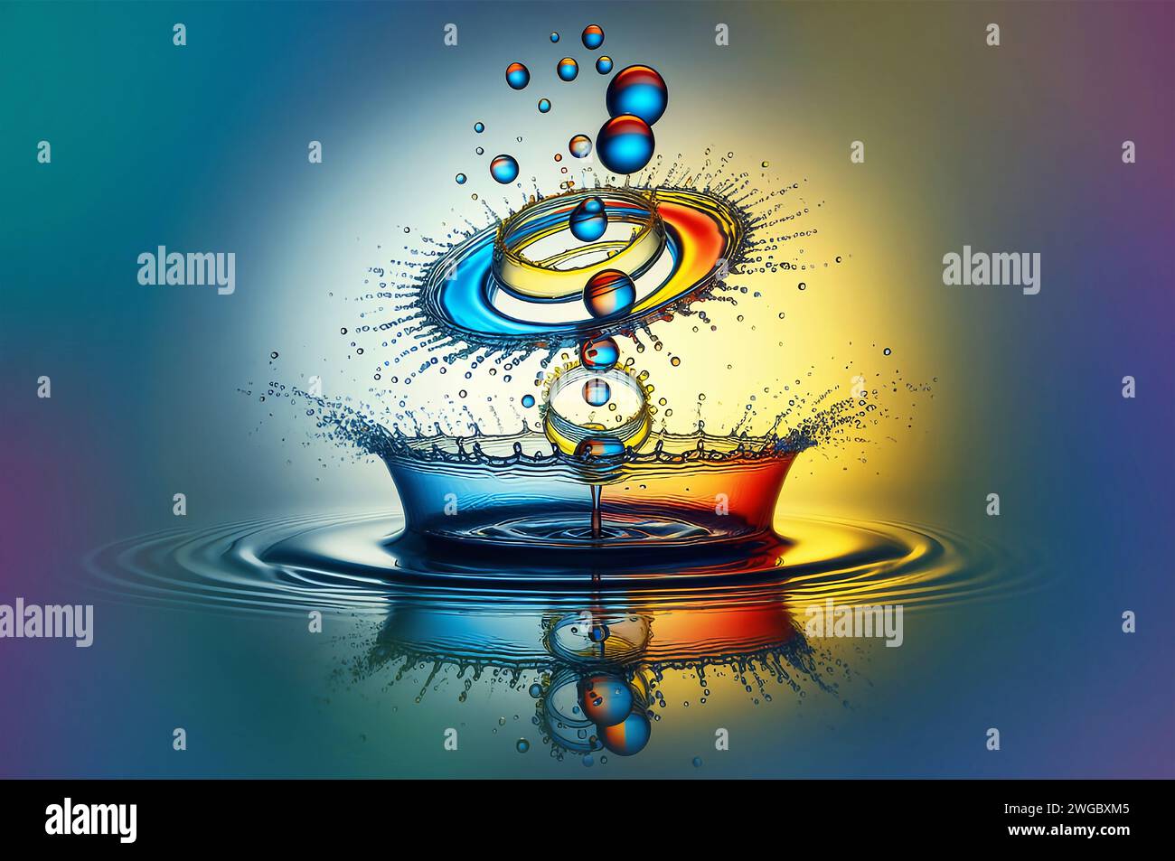 Wasserspritzer Krone und Reflexion vor einem farbenfrohen Hintergrund Stockfoto