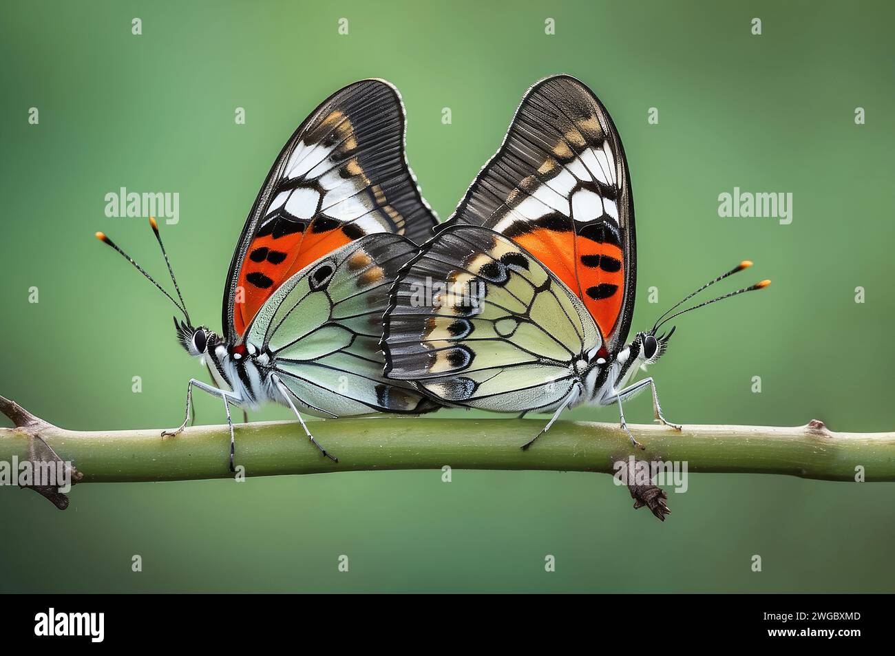 Nahaufnahme von zwei Schmetterlingen auf einer Zweigpaarung in Indonesien Stockfoto