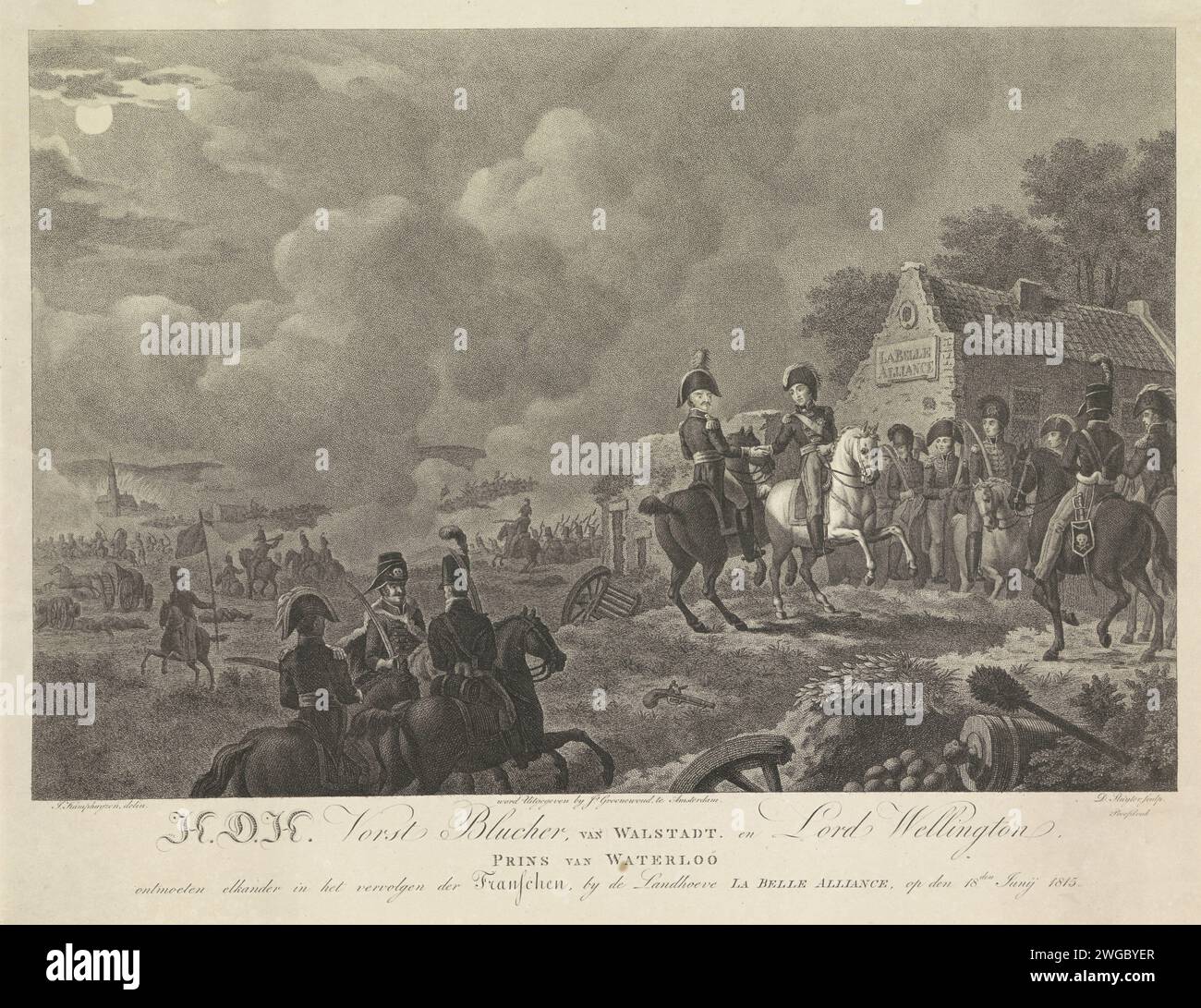 Treffen zwischen Wellington und Blücher nach der Schlacht von Waterloo, 1815, Dirk Sluyter, nach Jan Kamphuijsen, 1815 Drucktreffen zwischen dem Oberbefehlshaber des Herzogs von Wellington und dem Prinzen Blücher, am Abend nach der Schlacht von Waterloo am 18. Juni 1815, vor dem Bauernhof La Belle Alliance. Druckerei: Netherlandspublisher: Amsterdamer Papier ätzt victor (nach der Schlacht) die schöne Allianz Stockfoto