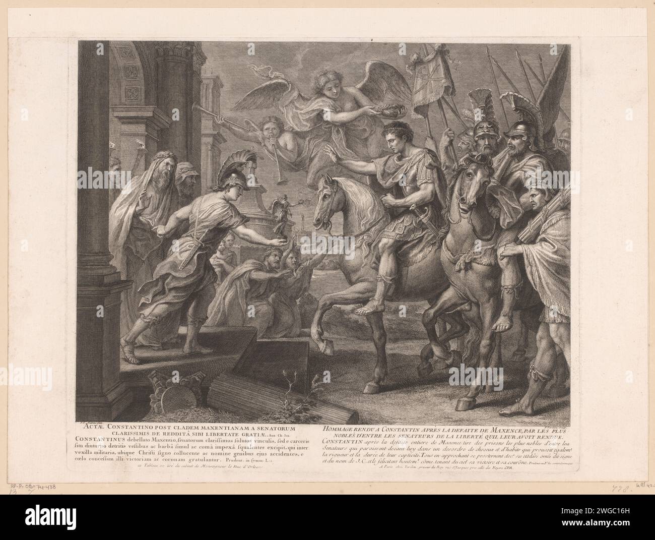 Ehre bewiesen Kaiser Constantijn nach dem Sieg über Maxentius, Nicolas Henri Tardieu, nach Peter Paul Rubens, 1684–1749 Druck Paris Papier graviert / graviert den römischen Kaiser Konstantin der große; mögliche Attribute: Krone, Zepter, Standard (Labarum) mit Chi-Rho Monogramm oder Kreuz. Engel. Victoria als römische Personifikation Stockfoto