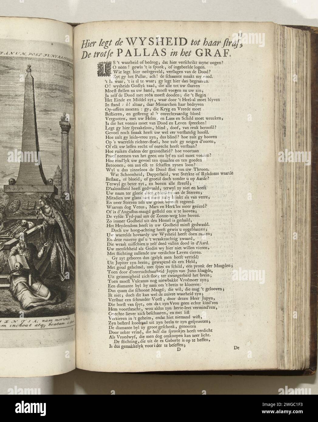 Frisch auf dem Abdruck mit dem geöffneten Grab von Pallas, ca. 1707-1708, 1707 - 1708 Textblatt Textblatt mit einem Vers zum beidseitigen Druck mit der Allegorie, in der Umstehende den Rahmen im geöffneten Grab des Gottes Pallas (Minerva), ca. 1707-1708. Teil von: Die standhafte Monarchie des Todes, eine Serie von 8 alten Platten mit Versen, die als Cartoons über die Franzosen im Kontext des Spanischen Erbfolgekrieges adaptiert wurden. Teil der unter dem Sammeltitel 't Lust-Hof von Momus veröffentlichten Druckarbeit mit der gebündelten Zeichentrickserie aus den Jahren 1701-1713 des spanischen Wa Stockfoto