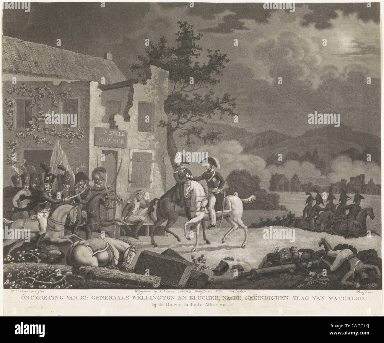 Begegnung zwischen Wellington und Blücher nach der Schlacht von Waterloo, 1815, Willem Hendrik Hoogkamer, 1815 gedrucktes Treffen zwischen dem Oberbefehlshaber des Duke of Wellington und dem Prinzen Blücher, am Abend nach der Schlacht von Waterloo am 18. Juni 1815, vor der Farm der La Belle Alliance. Links preußische Husaren. Druckerei: Netherlandspublisher: Amsterdamer Papier ätzt victor (nach der Schlacht) die schöne Allianz Stockfoto