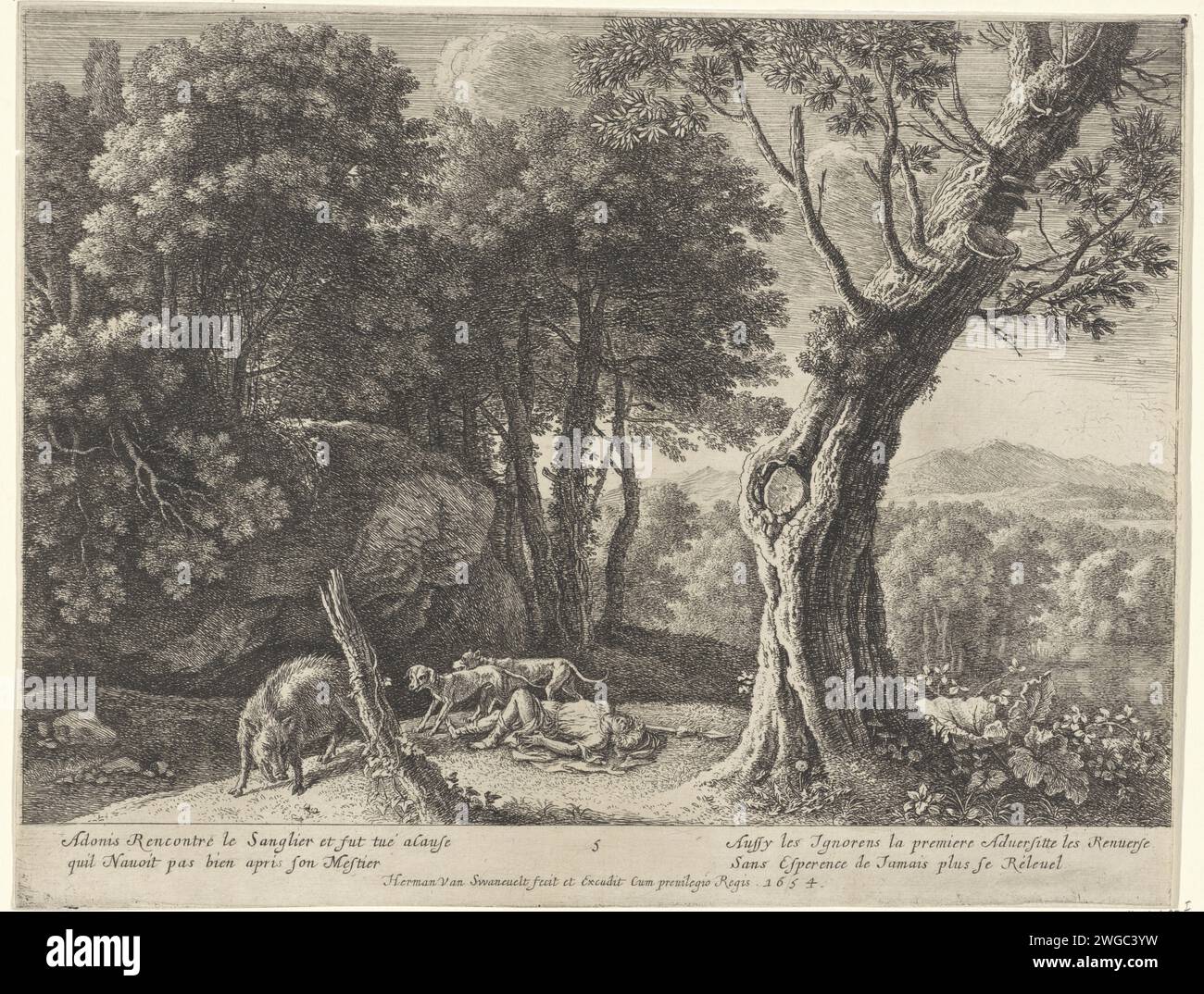 Tod des Adonis, Herman von Swanevelt, 1654 Druck in einer hügeligen Landschaft mit Baumpartys und einem Wasserspiel ist der sterbende Adonis mit dem linken Bein neben seinem Speer angehoben. Rechts von seinen beiden Hunden und vor ihm ist das Eber, das ihn angegriffen hat. Am unteren Ende wird die Episode in einem vierzeiligen französischen Text erklärt. Paris Papier, das den Tod von Adonis ätzt: Er wird von einem Eber getötet Stockfoto