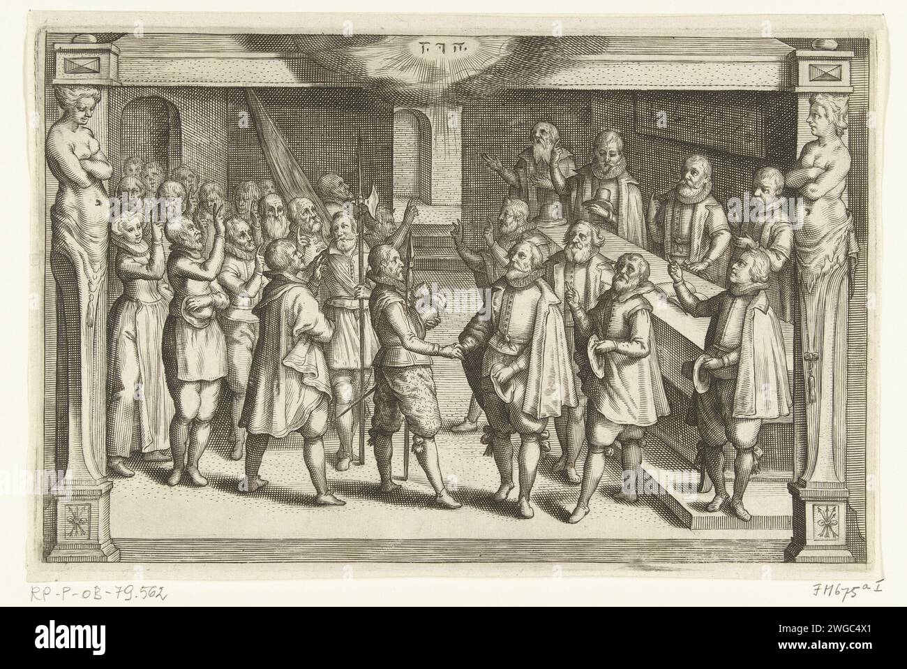 Den Eid der Treue ablegen, 1574, 1612 - 1614 Ablegen des Eid der Treue während der Belagerung von Leiden, 1574. Innenraum mit einer Gruppe leidener Männer und Frauen, die treu auf den Prinzen von Orange schwören. Oben eine Wolke mit dem Tetragramm. In einem Gestell mit Hermen auf beiden Seiten. Nordholländische Papierstich, der einen Eid schwört (mit zwei gezogenen Fingern) Stockfoto
