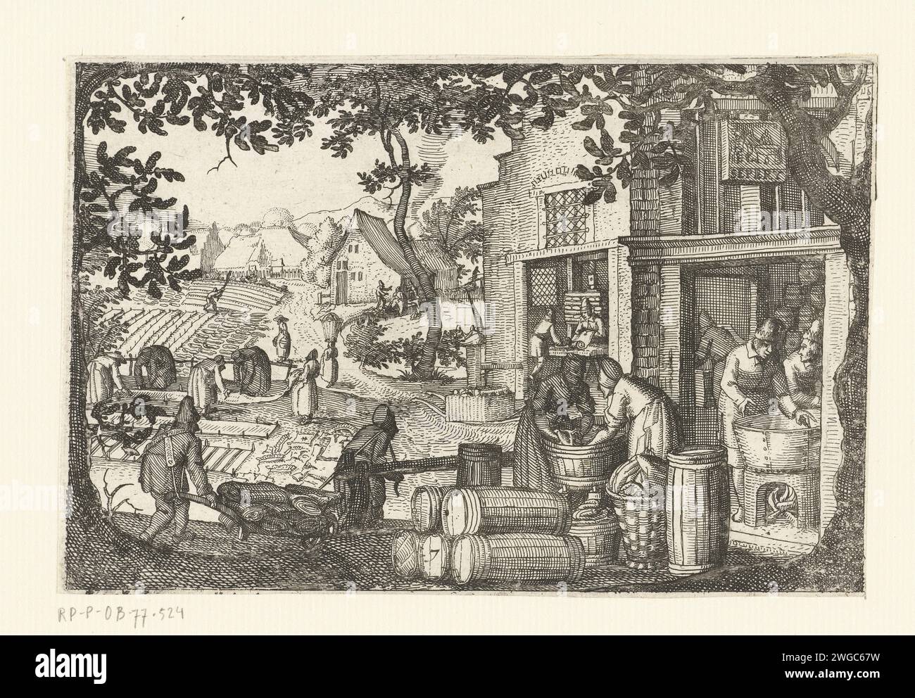 Wäscherei und Bleekvelden, CA. 1600, 1608 Druck Wäsche- und Bleichfelder, ca. 1600. Kochen und Spülen der Wäsche, im Hintergrund ist die Wäsche auf den Bleichfeldern zu trocknen und zu gebleicht. Nr. 7 aus Serienberufen in Noord-Holland. Papierätzung in den nördlichen Niederlanden. Bleichen (Waschen) Nordholland Stockfoto