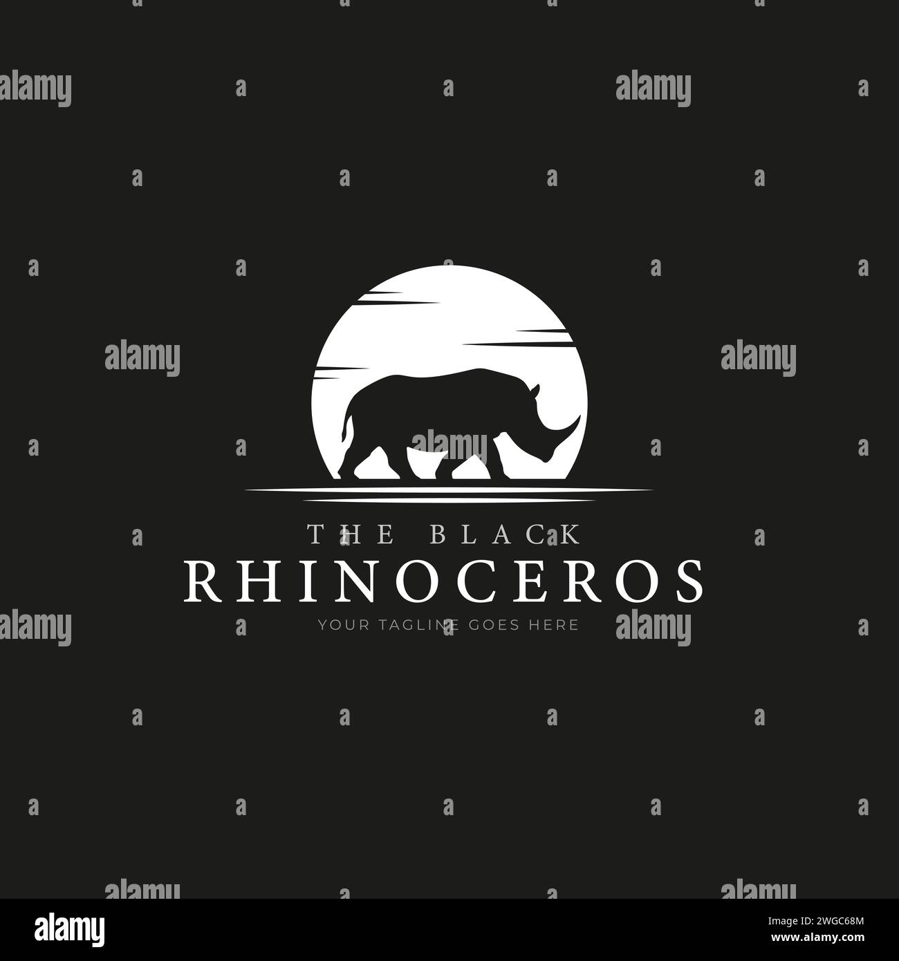 Schwarzes Silhouette Logo Konzept ein Horn Nashorn ist ein seltenes und geschütztes Tier im hellen Mondschein Stock Vektor