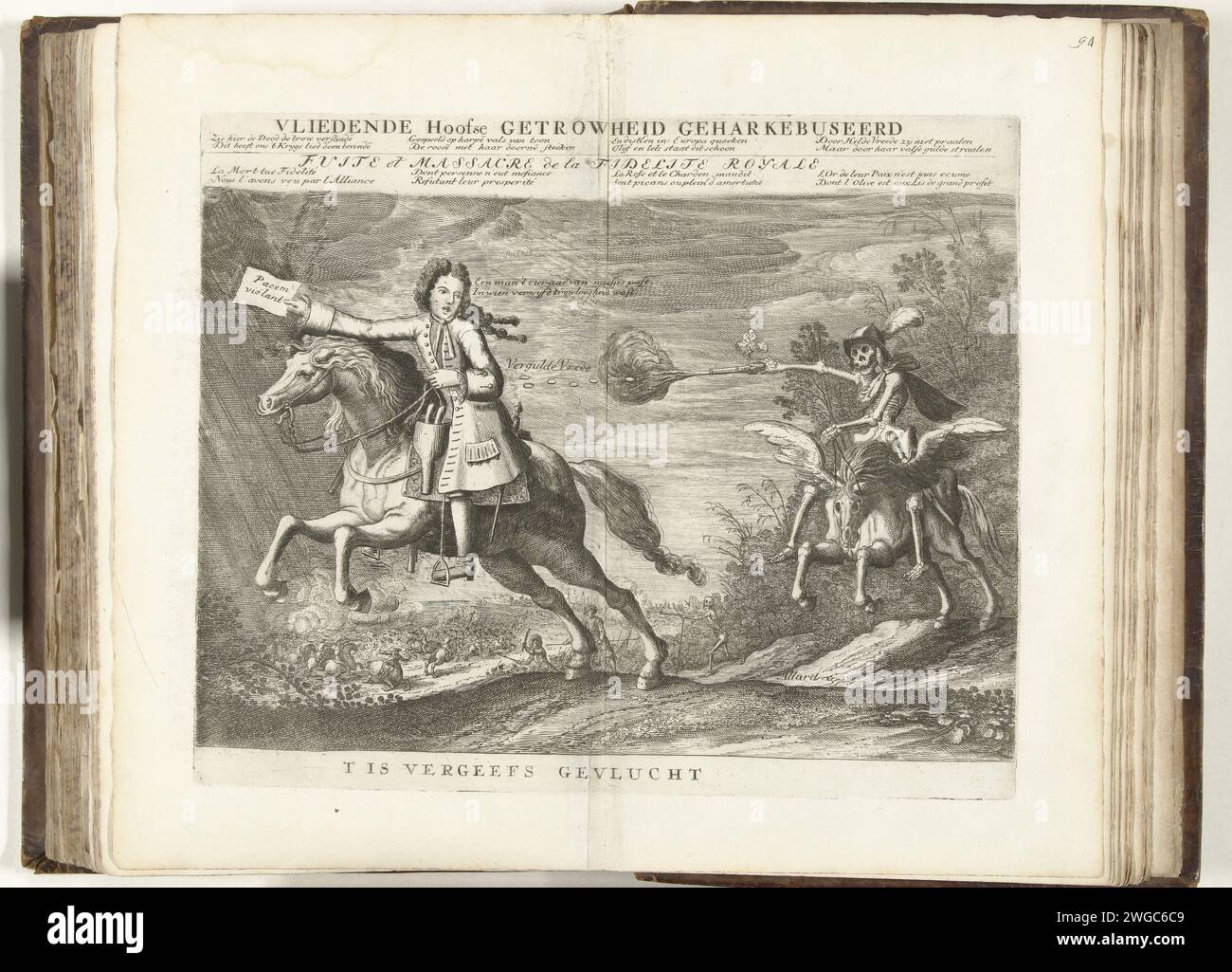 Allegory on the Peace of Utrecht, 1713, 1713 Print Allegory on the Gold Peace of Utrecht, 1713. Ein Mann mit einem Newsletter in der Hand fliegt zu Pferd und wird von ihm Dy (Frankreich) auf Goldstücke geschossen. Verse in Niederländisch und Französisch im Protokoll. Teil einer Gruppe von 28 neuen und alten Aufzeichnungen, die 1713 den Frieden von Utrecht veranschaulichen. Teil der unter dem Sammeltitel 't Lust-Hof of Momus veröffentlichten Druckarbeit mit der gebündelten Zeichentrickserie während der Jahre 1701-1713 des Spanischen Erbfolgekrieges. Druckerei: Nördliche Niederlande Druckerei: AmsterdamVerlag: Amsterdam Papierätzung Stockfoto