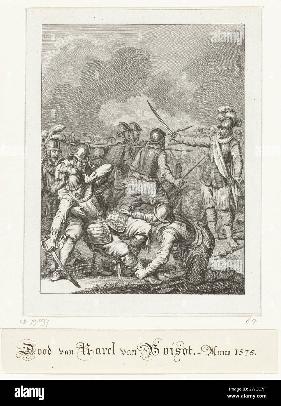 Tod von Charles de Boisot, 1575, 1785 Druck Tod von Charles de Boisot auf dem Schlachtfeld während einer Schlacht mit Mondragon, 29. September 1575. 17. Gesang. Nordholländische Papierätzung stirbt. Kampf, Kampf im Allgemeinen Stockfoto