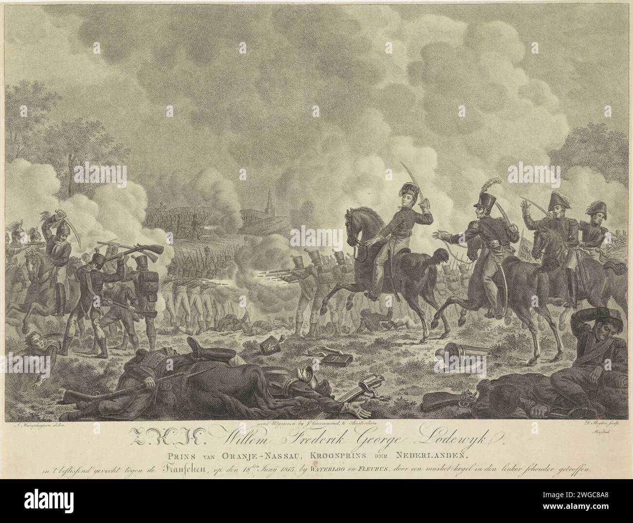 Kronprinz Willem Frederik George wird in der Schlacht von Waterloo, 1815, Dirk Sluyter, nach Jan Kamphuijsen, 1815 Druck Prinz Willem Frederik George in dem Moment verletzt, in dem er während der Schlacht von Waterloo am 18. Juni 1815 verletzt wird. Links und im Hintergrund schwere Kämpfe zwischen den Niederländern und Franzosen. Rechts ein paar Offiziere zu Pferd. Druckerei: Netherlandspublisher: Amsterdamer Papierätzkampf (+ Landstreitkräfte). Er wird außer Gefecht gesetzt, indem er Waterloo verwundet Stockfoto