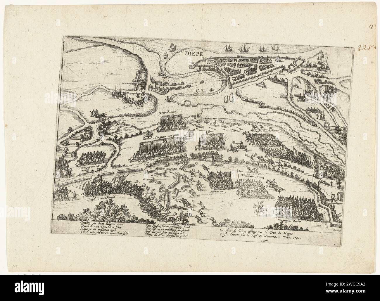 Dieppe befreit von Hendrik IV., 1590, 1590 – 1592 Drucke die belagerte Dieppe entlastet von Hendrik IV., 11. Februar 1590. Die Schlacht im Vordergrund, in der Ferne eine Karte der Stadt Dieppe in einer knappen Perspektive. Mit 8 Zeilen auf Deutsch und 2 Zeilen auf Französisch. Nicht Nummeriert. Blatt von einem Album, das auseinandergenommen wurde. Rechts oben (in Pen) nummeriert: 225. Kölner Papierätzkampf, Kampf im Allgemeinen Dieppe Stockfoto