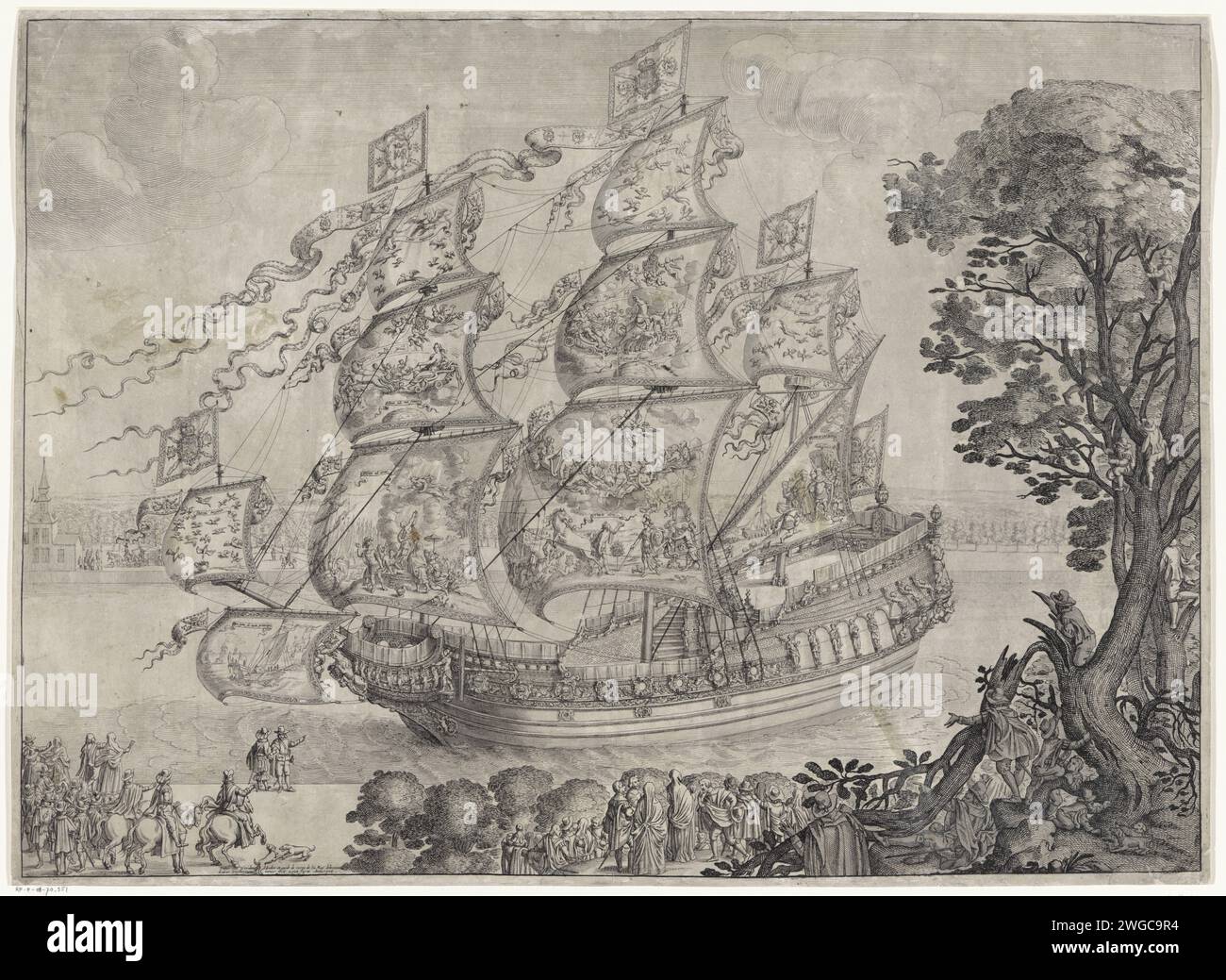 Schiff von Maria Theresia (Königin von Frankreich), 1660, Lucas Vorsterman (II), nach Jacques van Werden, 1660–1662 drucken das königliche spanische Schiff, das Maria Theresia, Infante van Spanien, 1660 nach Frankreich für ihre Heirat mit dem französischen König Ludwig XIV. Segelte Auf den Segeln biblische und mythologische Szenen. Antwerpen Papierätzung Stockfoto