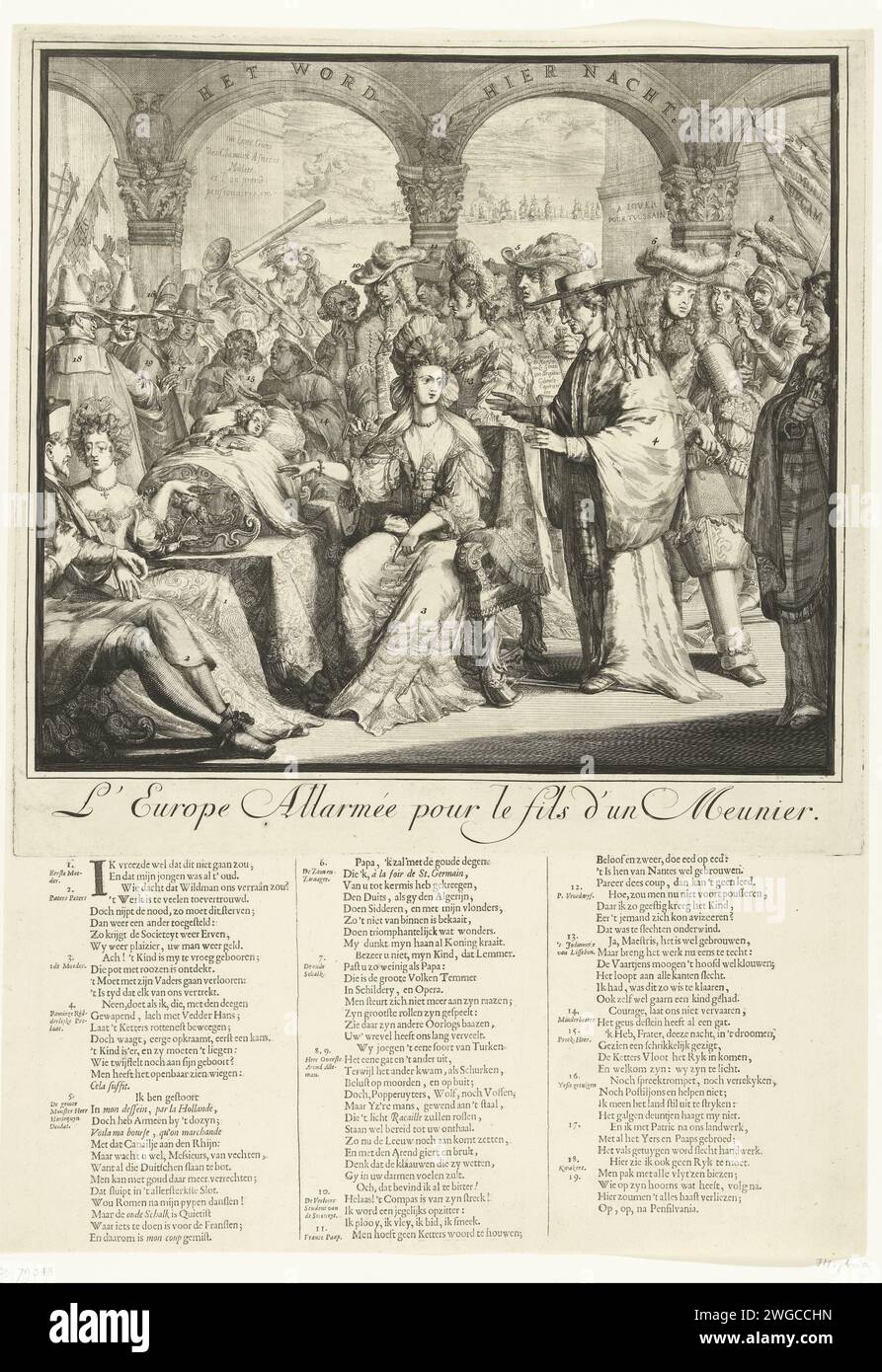 Cartoon on the failed Plan with the poor Child, 1689, 1689 print Cartoon on the failed Plan with Jacobus Frans Eduard, Prince of Wales, the poor Child, 1689. Links auf einem Bett steht das arme Kind, das Kind des müllers. Links ist die wahre Mutter dieses Kindes bei Pater Peters (Edward Petre), mitten in Königin Maria von Modena. Neben ihrem König Jakobus II. Als Kardinal. Darüber hinaus auch Ludwig XIV. Und der Dauphin. Auf der linken Seite machen sich die Quäker bereit, nach Pennsylvania zu fahren. Auf der rechten Seite der Papst. Auf den Bögen im Hintergrund der Text: Es wird Nacht hier sein. Unter der Show Stockfoto