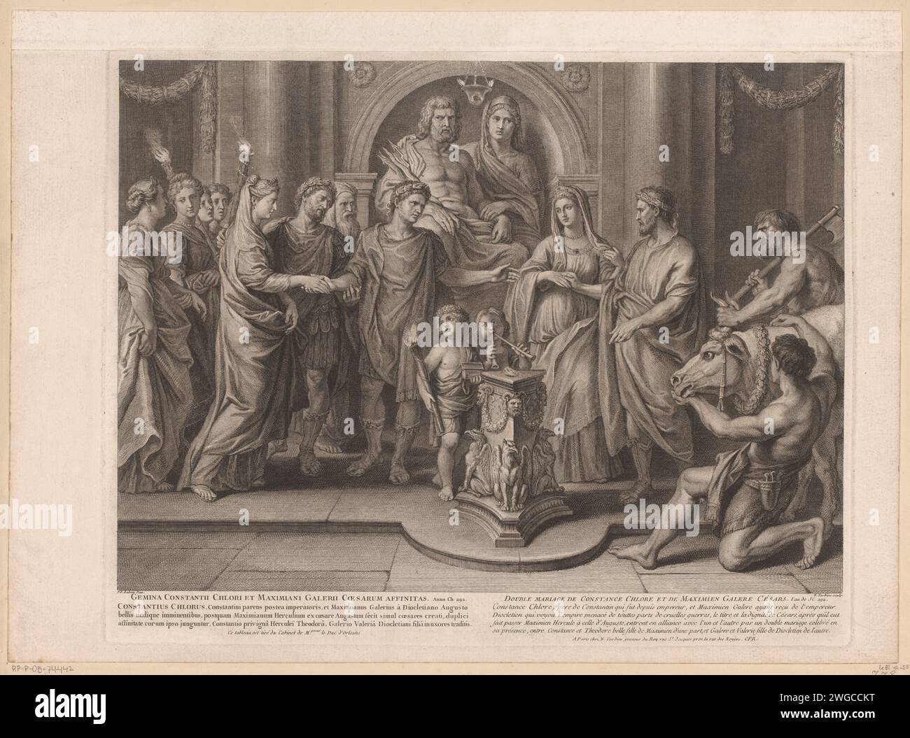 Doppelhochzeit von Konstanz Chlore und Maximien Galere, Nicolas Henri Tardieu, nach Peter Paul Rubens, 1684 - 1749 Druck Paris Papierätzung / Gravur standesamtliche Trauung. Mitgift. Der römische Kaiser Konstantin der große; mögliche Attribute: Krone, Zepter, Standard (Labarum) mit Chi-Rho-Monogramm oder Kreuz. Jupiter und Juno als Liebhaber Stockfoto