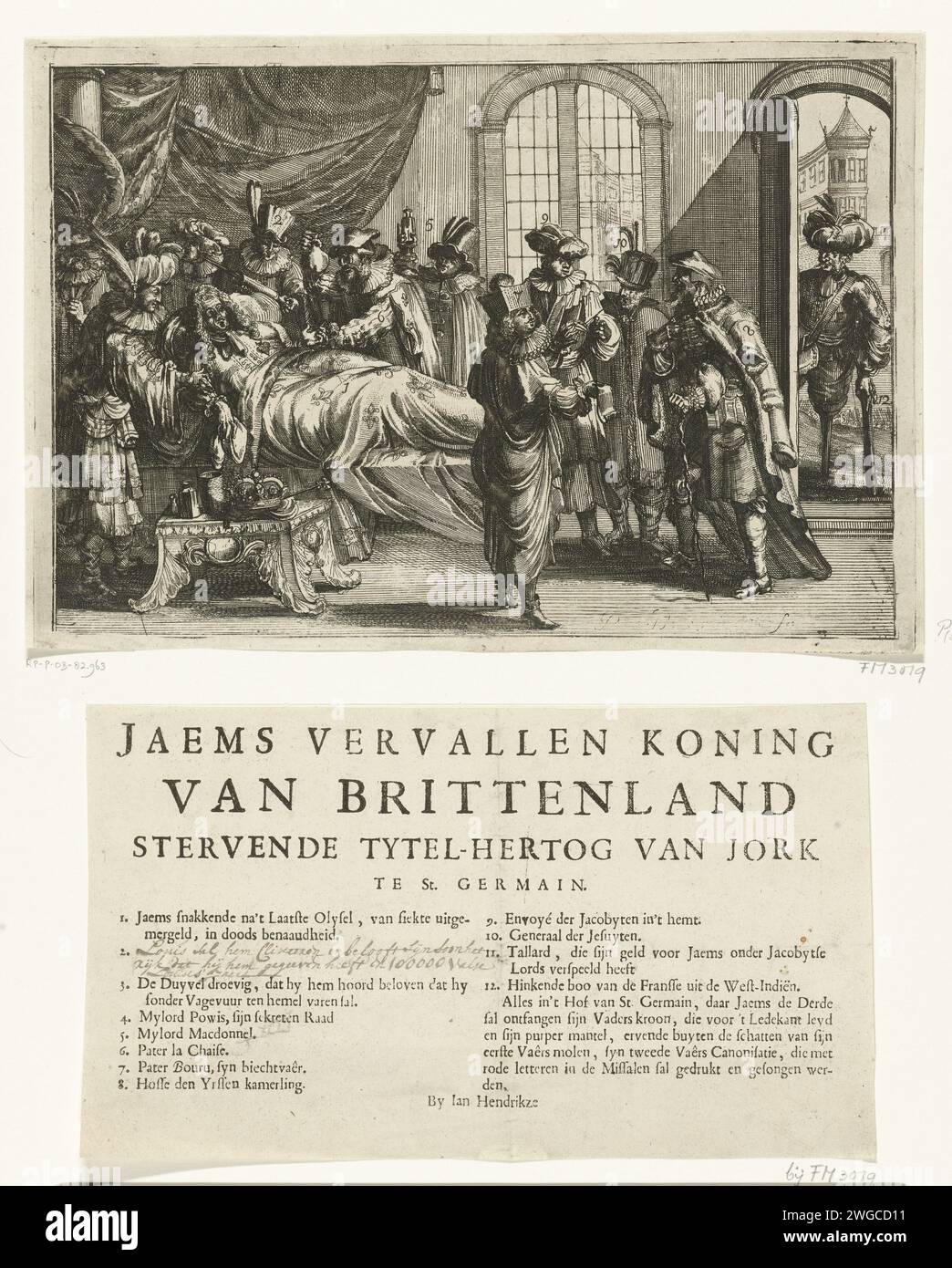 Cartoon on the Death of Jacobus II, 1701, 1701 Print King Jacobus II on his Death bed, 16. Dezember 1701. Ärzte und Höflinge stehen um das Bett des Königs, ein türkischer Arzt und Ludwig XIV. Auf der linken Seite mit einer Wolkenspritze, um den König zu reinigen. Rechts neben dem Bett diskutiert eine Gruppe von Höflingen die Situation, einschließlich Beichtvater Bouru. Auf der rechten Seite in der Tür ein französischer Bote aus Westindien, mit Turban, Holzbein und Hocker. Drucken und ein Textblatt mit dem Titel und der Legende 1-12. Antwerpener Papierätzung / Buchdruck Sterbebett. Politische Karikaturen und Satiren Stockfoto