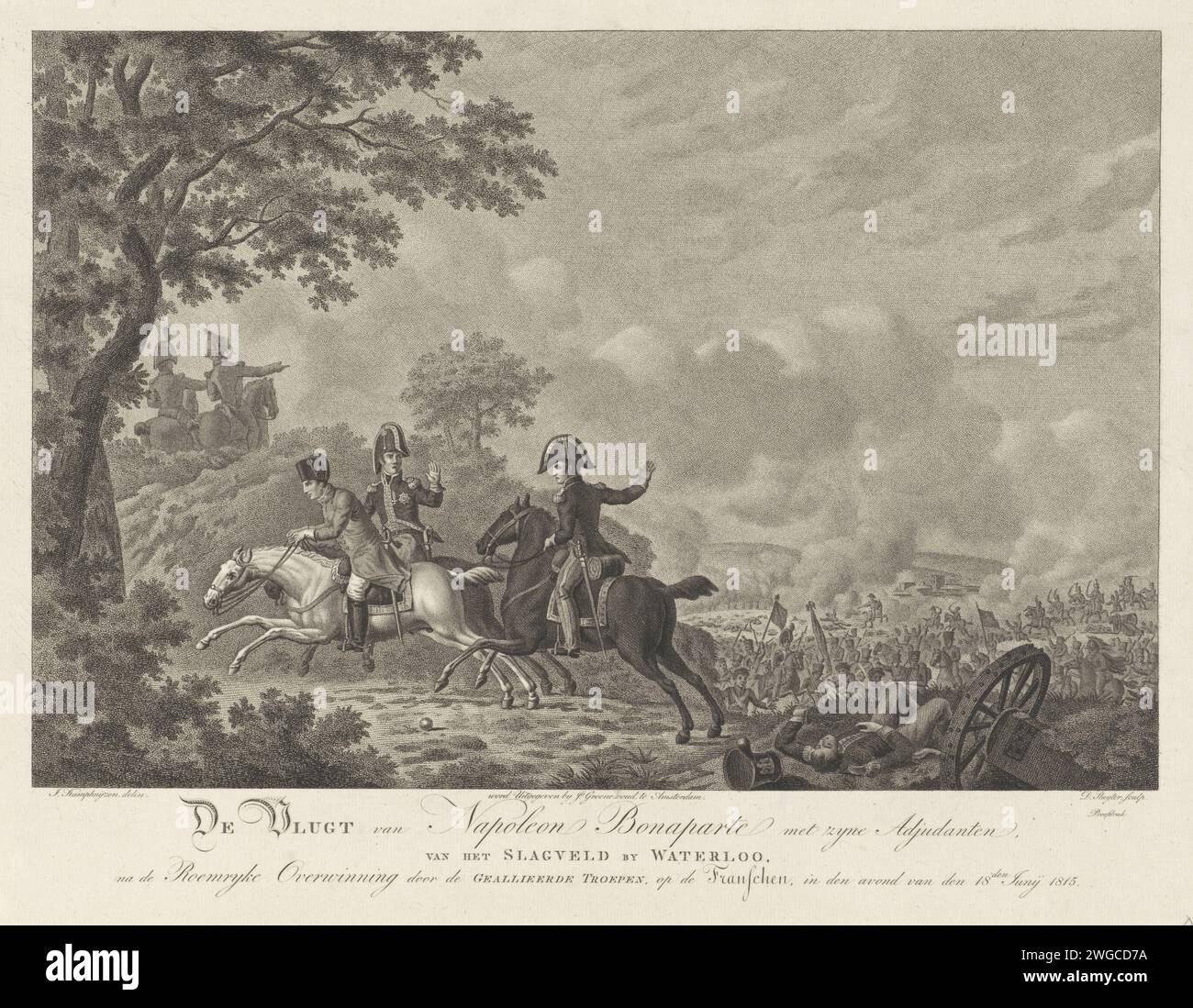 Napoleon I. Bonaparte, Keizer der Fransen, flieht vom Schlachtfeld bei Waterloo, Dirk Sluyter, nach Jan Kamphuijsen, in oder nach 1815 Druck Napoleon flüchtet mit seinen Adjutanten am 18. Juni 1815 vom Schlachtfeld bei Waterloo. Im Hintergrund kämpfen einige noch, während andere versuchen, dem Krieg zu entkommen. Mit erläuternder Beschriftung. Amsterdamer Papierätzung/Gravur Stockfoto
