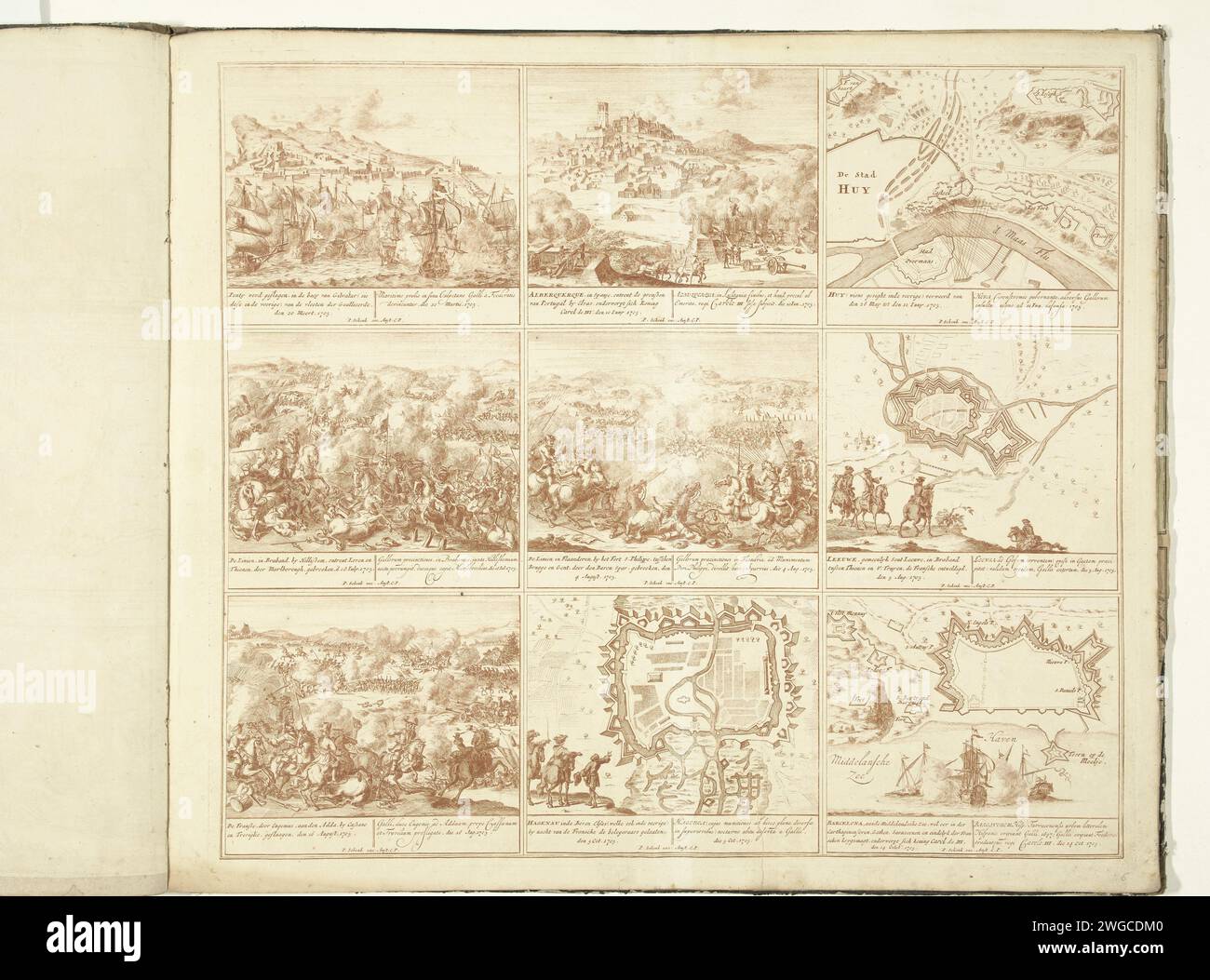 Schouwburg van den war (Seite VI), 1705, 1709 - 1710 Blatt mit neun Aufführungen von Ereignissen aus dem Jahr 1705 des Spanischen Erbfolgekrieges und Karten verstärkter Städte. Seite VI in: Schouwburg van den war (Ausgabe 1709), das Druckwerk mit der gebündelten Serie von 18 Aufzeichnungen über den Spanischen Erbfolgekrieg. Amsterdam Papierätzkampf (+ Landstreitkräfte). Kampf (+ Marinekraft). Stadtpläne. Festung Gibraltar. Hoei. Zoutleeuw. Haguenau. Barcelona Stockfoto