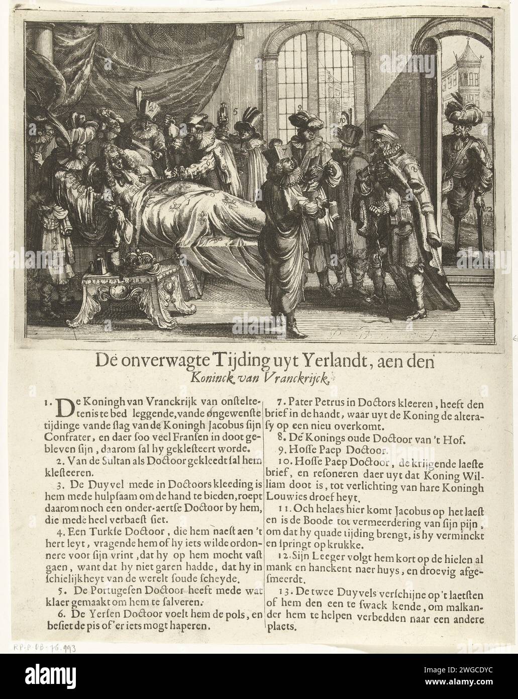 Die unerwarteten Nachrichten aus Irland, 1690, Pieter van den Berge (zugeschrieben), 1690 drucken die unerwarteten Nachrichten aus Irland. König Ludwig XIV. Ist krank im Bett nach der Nachricht von der Niederlage von Jakobus II. Und der katholischen Armee in der Schlacht am Boyne am 11. Juli 1690. Ärzte und Höflinge stehen um das Bett des Königs, zwei türkische Ärzte sind bereit mit einem Reinigungsspray, um den König zu heilen. Rechts neben dem Bett spricht eine Gruppe von Höflingen, darunter Pater Peters, über die Nachricht vom mutmaßlichen Tod von König Wilhelm III. Auf der rechten Seite sind Turban, Holzknochen und Hocker Jacobus II mit dem Stockfoto