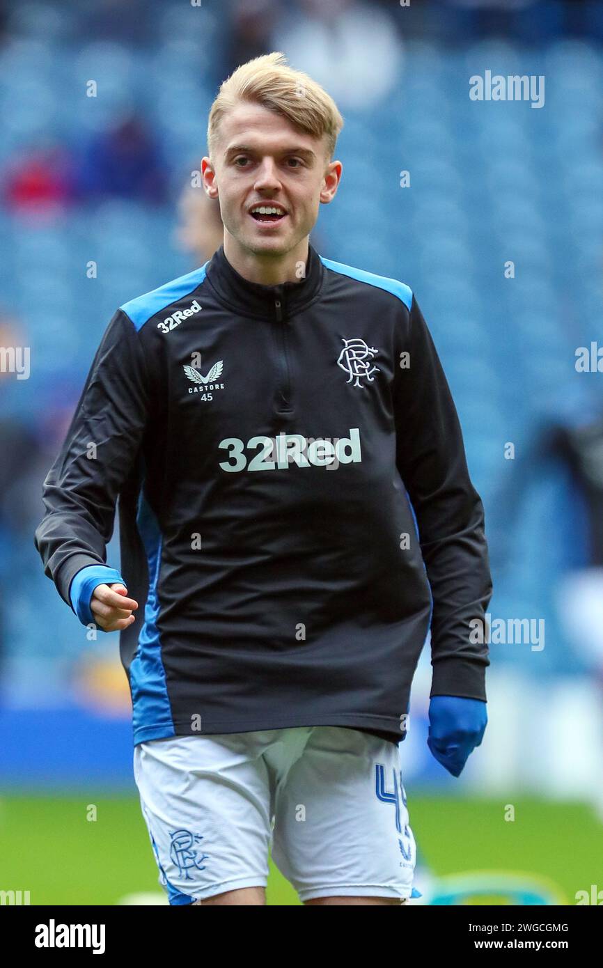 ROSS McCAUSLAND, ein professioneller Fußballspieler, der derzeit für den Rangers FC spielt. Bild, das während einer warm- und Trainingseinheit im Ibrox-Stadion aufgenommen wurde, Stockfoto