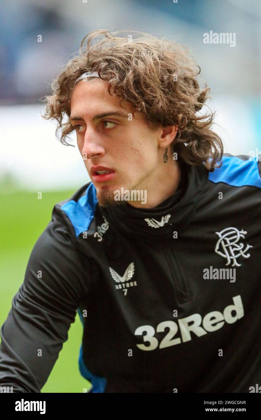 FABIO SILVA, ein professioneller Fußballspieler, der derzeit für den Rangers FC spielt. Bild, das während einer warm- und Trainingseinheit im Ibrox-Stadion aufgenommen wurde, Stockfoto