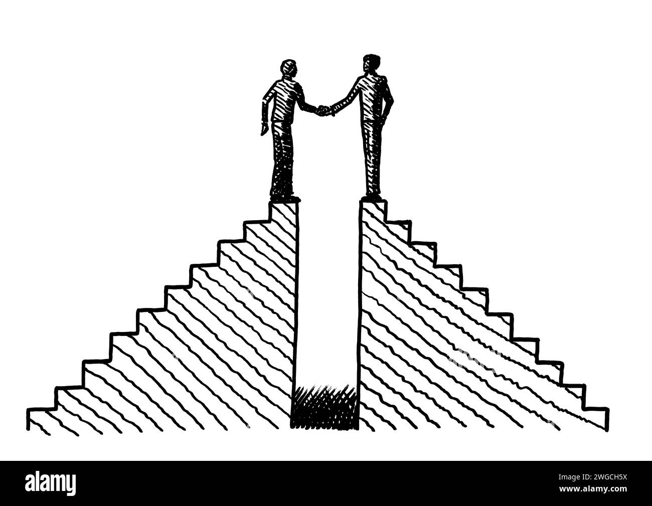 Handgezeichnetes Linienbild von zwei Männern auf zwei Treppen, die sich die Hände schütteln. Geschäftskonzept für Fusion, Partnerschaft, Zusammenarbeit, Deal, Vereinbarung, kompa Stockfoto