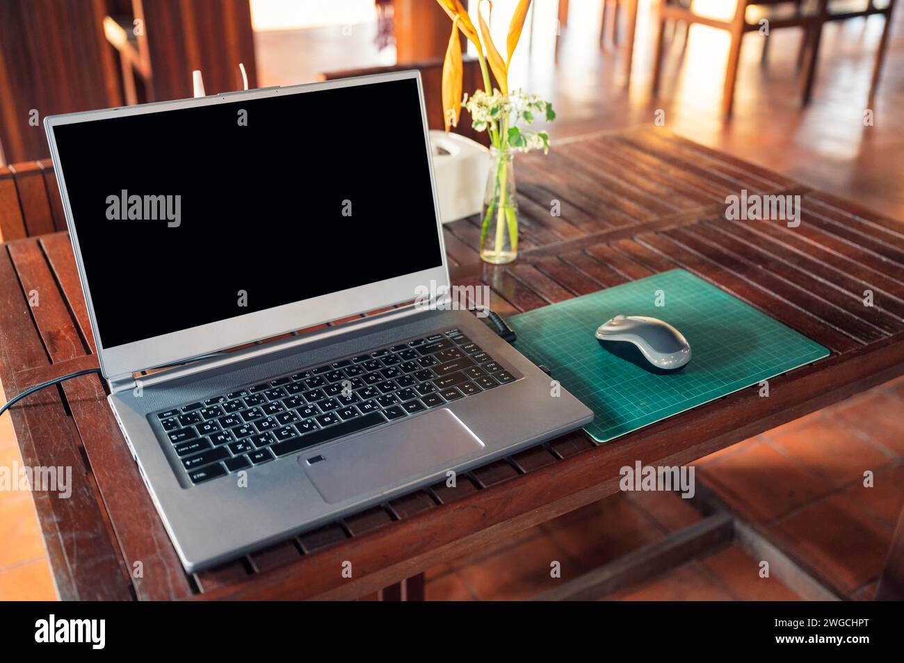 Moderner Laptop mit kabelloser Maus und Blumenvase auf Holztisch Stockfoto