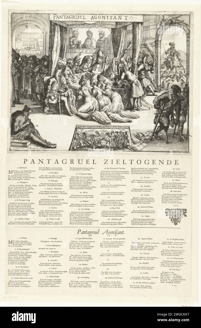 Cartoon über Ludwig XIV. Als er hörte, dass der Tod von Willem III. Falsch ist, 1690, Jan Marlais, nach Guindeau, nach Romeyn de Hooghe, 1690 Print Cartoon über den französischen König Ludwig XIV., der krank wird, als er erfährt, dass die Botschaft über den Tod Wilhelms III. in der Schlacht am Boyne 1690 falsch ist. Das Bett ist umgeben von den drei Oberhoffrauen, dem Teufel, einem Bischof und anderen, links Jacobus II. Mit dem Molenaarskind, im Vordergrund Pater Peters. Direkt durch eine Tür ist König Wilhelm III. Zu Pferd zu sehen. Am unteren Rand des französischen Druckes, in dem die Nachricht vom Tod Willias steht Stockfoto
