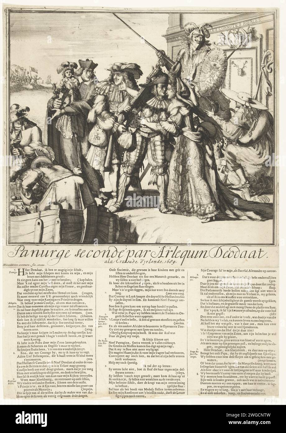 Cartoon on the Departure of Jacobus II to Ireland, 1689, 1689 print Cartoon on the Departure of Jacobus II to Ireland, März 1689. Jacobus verabschiedet sich von seiner Frau Maria van Modena, die in der Zwischenzeit Ludwig XIV. Latchoost. Der französische König gibt Jacobus eine Tasche Geld, und Vater Peters (Edward Petre) hatte das arme Kind auf dem Arm. Rechts beschwert sich der Kardinal und Bischof von Straßburg beim Dauphin, der auf einem Esel sitzt. Links vorn ist ein Boot für die Abfahrt vorbereitet. Unter der Abbildung ist ein Vers in 3 Spalten mit einer Aussage der Zahlen 1-8 in Niederländisch gezeigt. Nordniederländische Papierätzung / engr Stockfoto