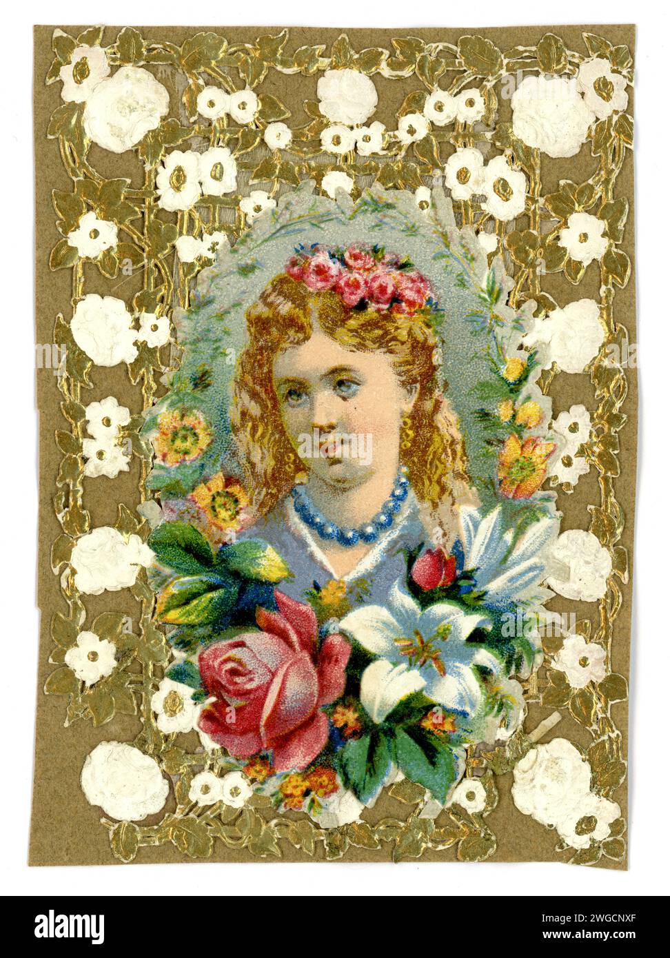 Originale viktorianische Valentinstag-Grußkarte mit Papierspitze. Die Botschaft ist der Love I Prize. Großbritannien um 1890. Papier auf der Rückseite bilden eine alte Alaun, wie auch die anderen Stockfoto