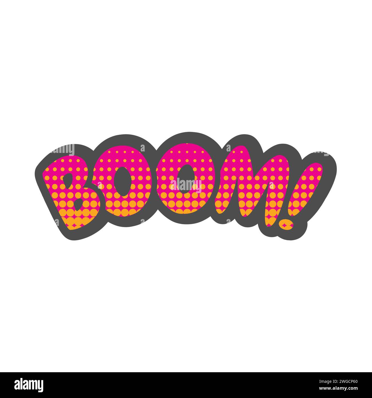 Boom-Schriftzug, Pop-Art- und Halbtonsymbol. Bumm! Große Buchstaben im Comic-Stil. Stock Vektor