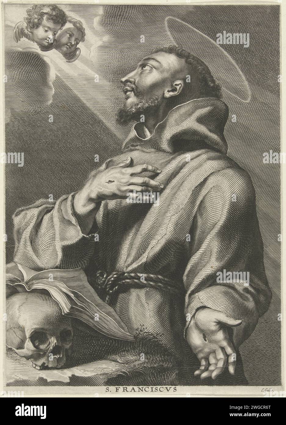 H. Franciscus Van Assisi, Cornelis Galle (1), 1586 - 1650 Druck, der den Heiligen Franziskus liest, in einem Buch, das sich auf einen Schädel stützt. Er schaut auf zwei Cherubs. Franziskus trägt die Gewohnheit des Franziskanerordens und die Stigmata Christi sind an seinen Händen zu sehen. Südholland Papiergravur spezifische Aspekte  St.. Franz von Assisi Stockfoto