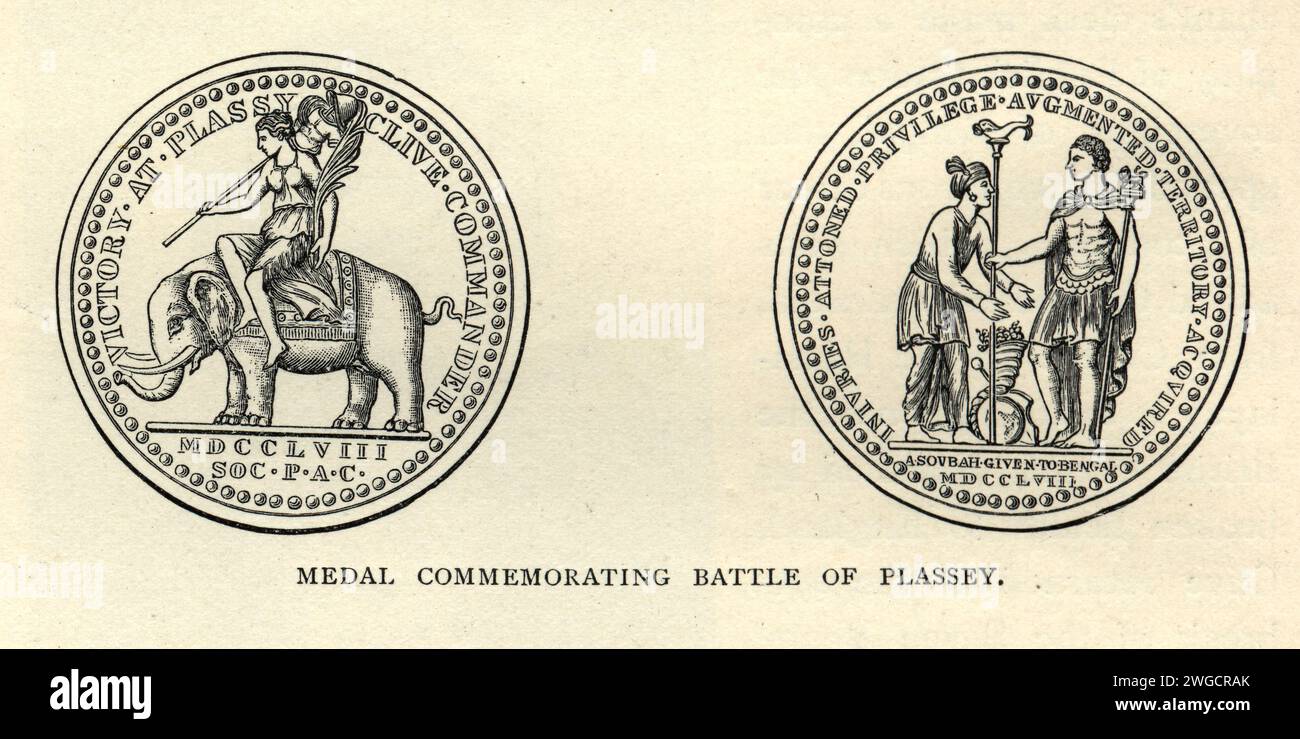 Medaille zum Gedenken an die Schlacht von Plassey, einem entscheidenden Sieg der Britischen Ostindien-Kompanie unter der Führung von Robert Clive über das Nawab von Bengalen und seine französischen Verbündeten am 23. Juni 1757 Stockfoto