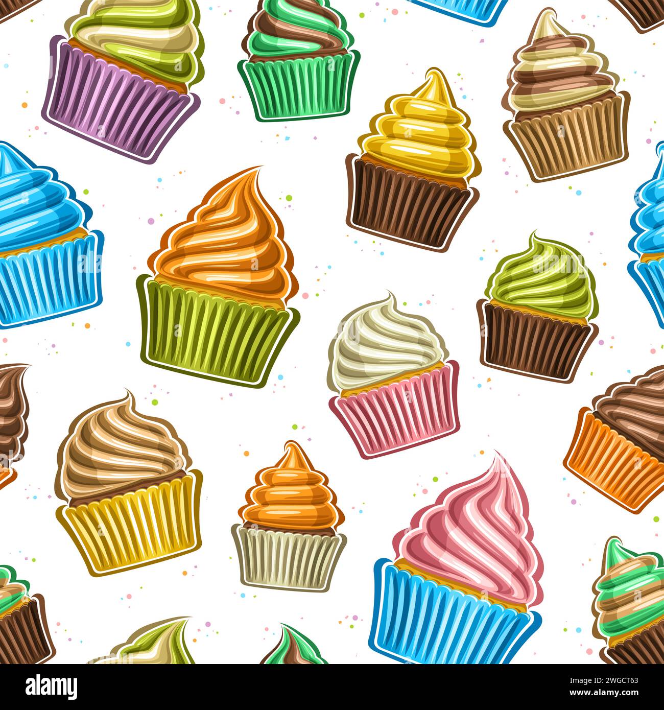 Vektor-Cupcake nahtlose Muster, dekorativer Wiederholungshintergrund mit Illustration der Vielzahl kleine Cupcakes, verpackt in bunten Verpackung, quadratisches Poster W Stock Vektor