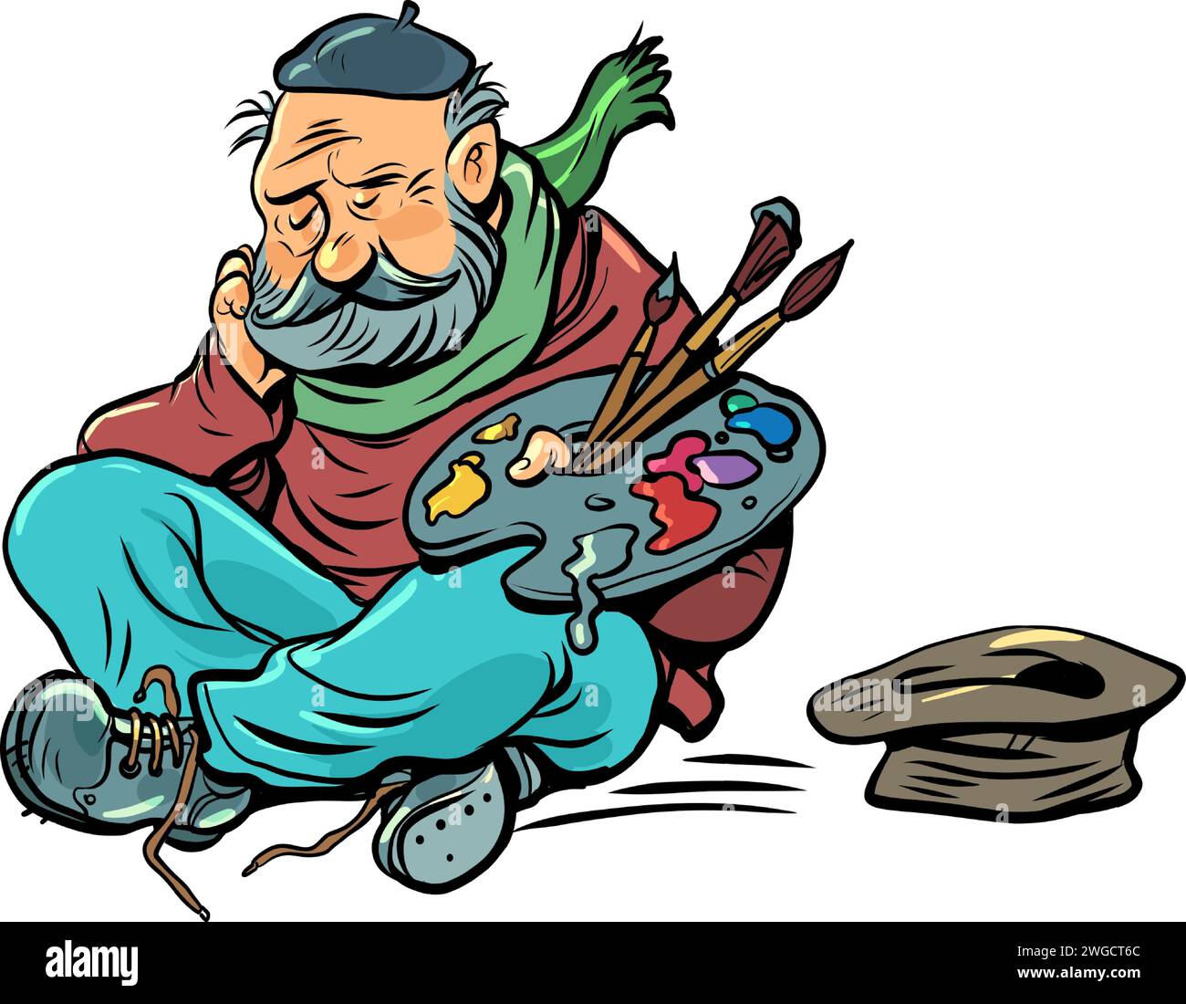 Die Entwicklung der künstlichen Intelligenz. Arbeitslosigkeit unter Künstlern. Ein älterer Mann sitzt draußen mit Quasten und Hut. Comic-Comic-Pop-AR Stock Vektor