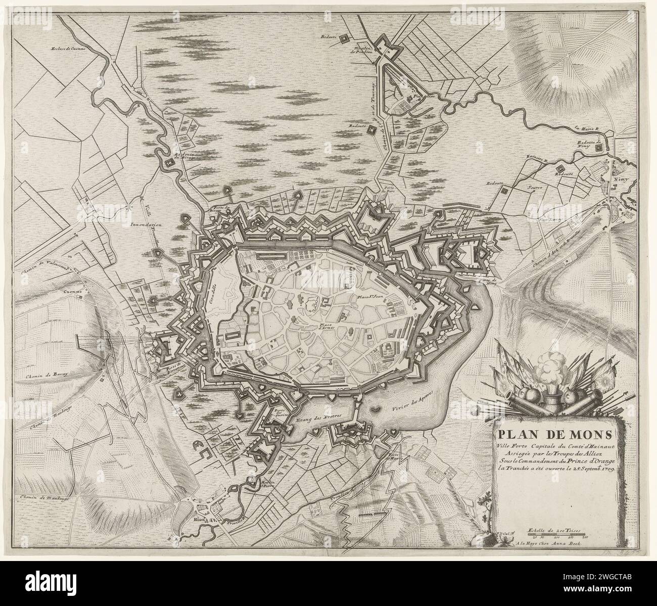 Belagerung von Mons, 1709, 1709 drucken Karte der Belagerung von Mons (Bergen) im Hennegau durch die Alliierten unter dem Prinzen von Orange vom 25. September 1709. Unten rechts eine Kartusche mit dem Titel, verziert mit Waffen und Bannern. Druckerei: Nordniederländische Spublisher: Die Haager Papierätzung Belagerung, Positionskrieg. Stadtpläne Bergen (Belgien) Stockfoto